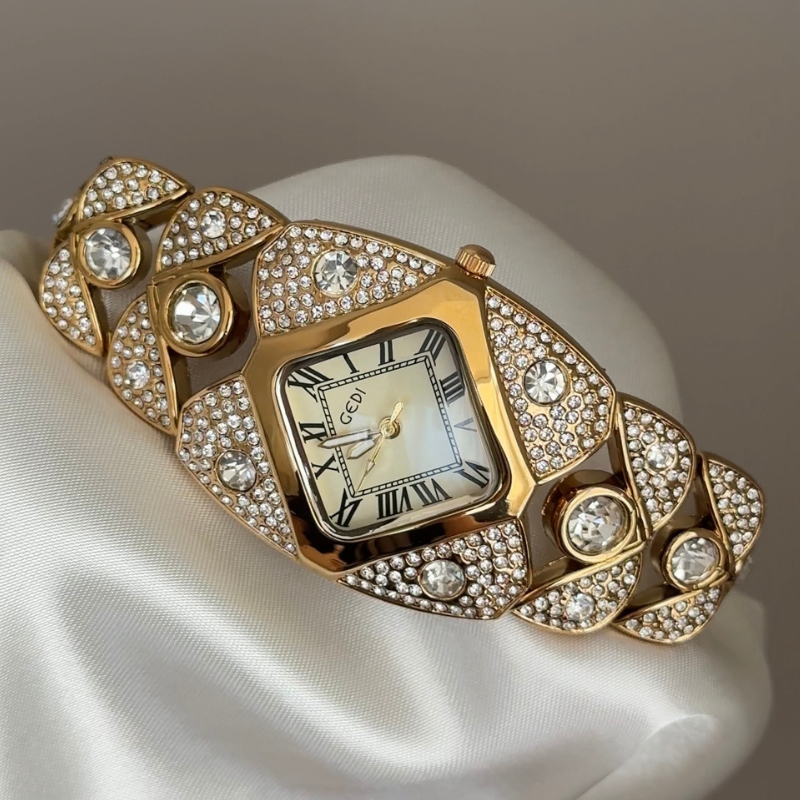 High Jewelry Gold Diamond-Shaped Dial Full Diamond Watch with Bracelet Strap
