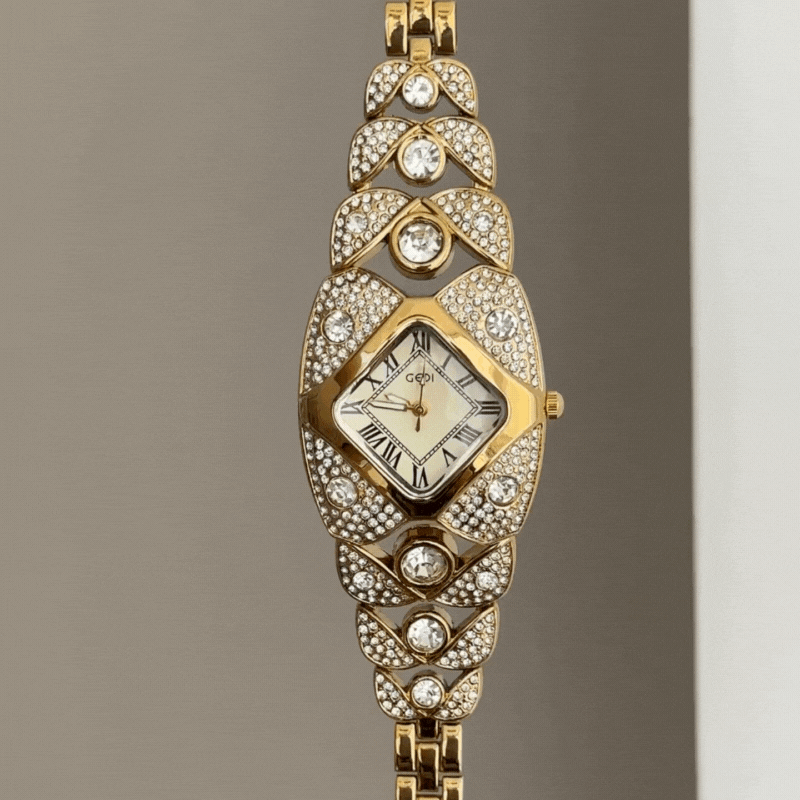 High Jewelry Gold Diamond-Shaped Dial Full Diamond Watch with Bracelet Strap
