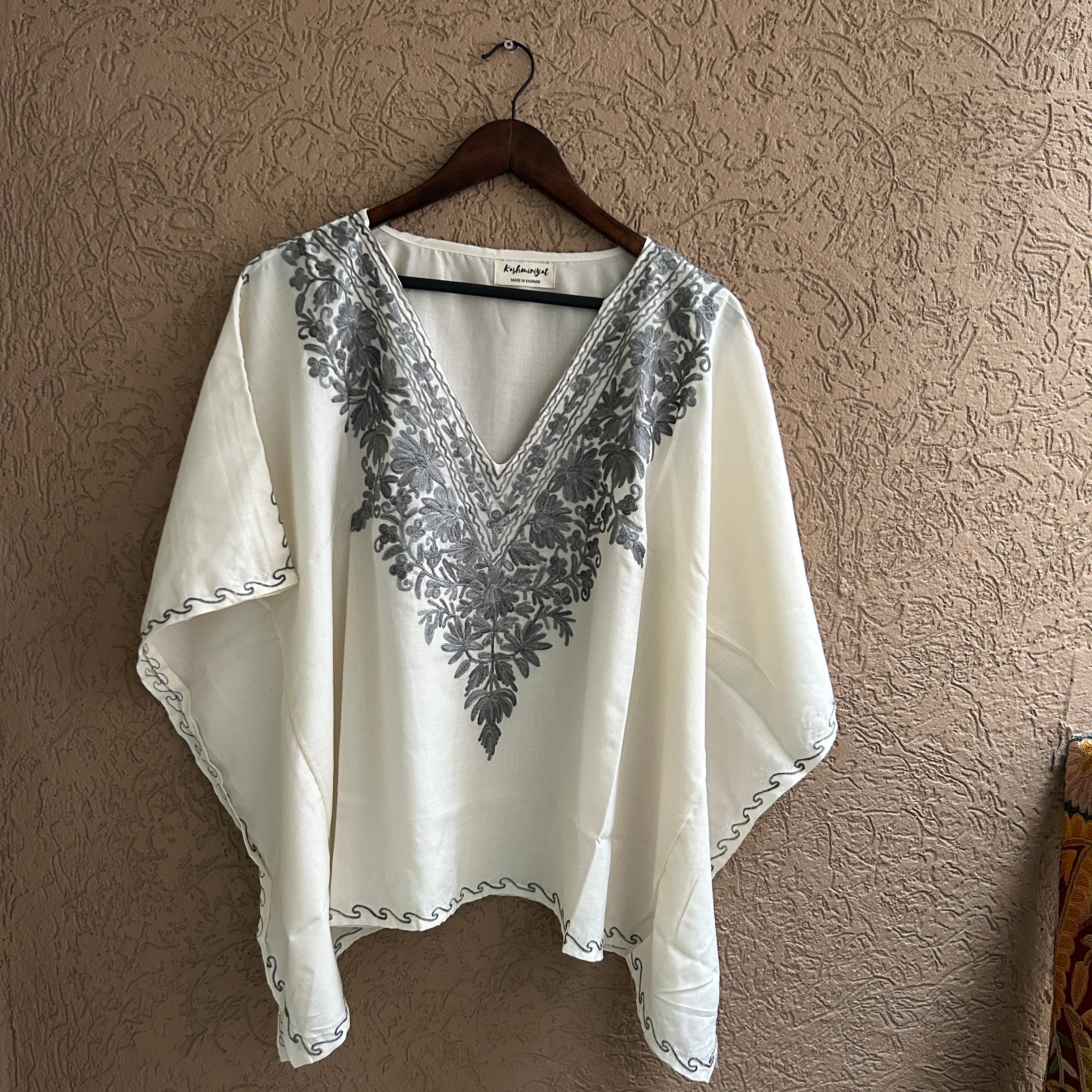 White & Grey Kashmiri Cotton Kaftan Top