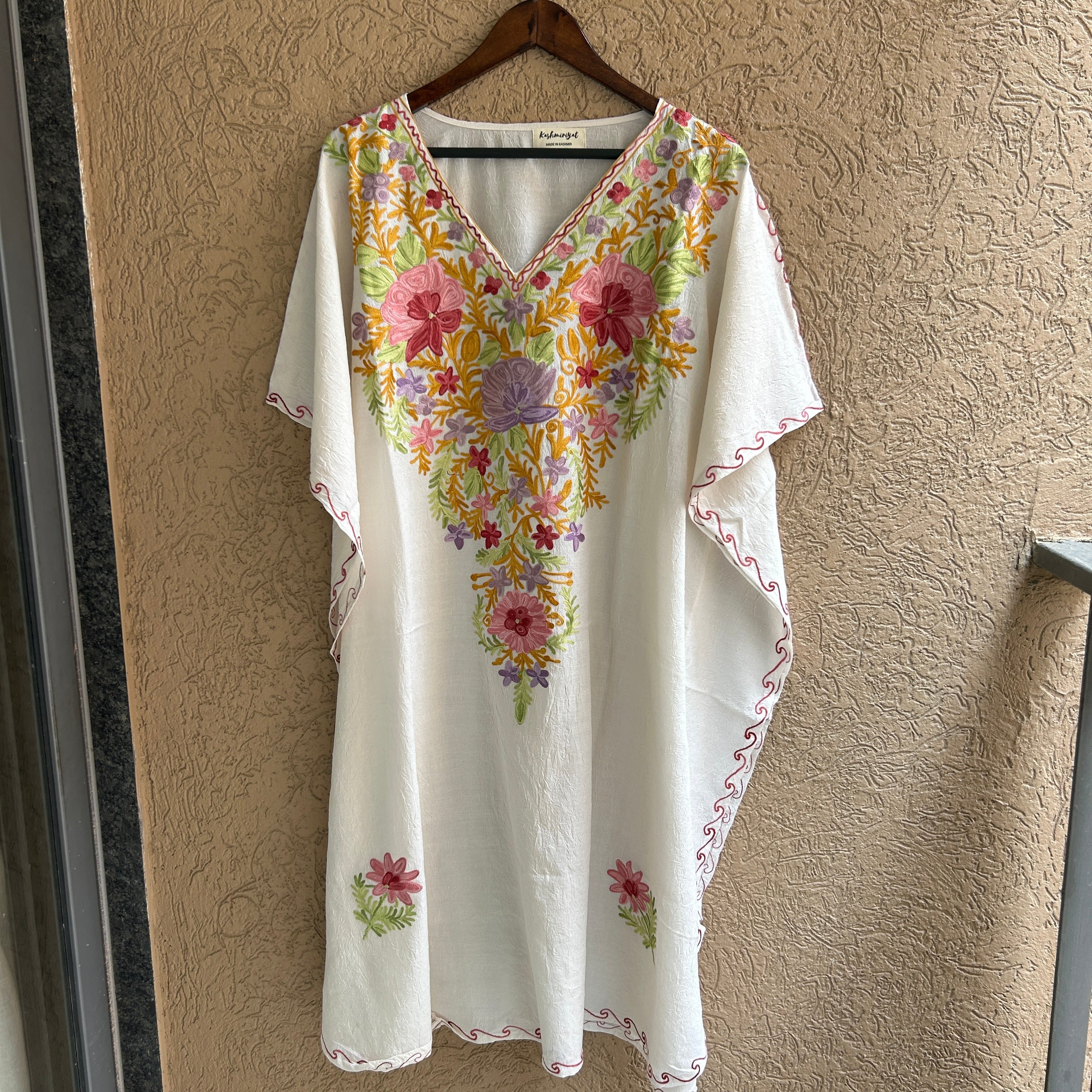 White Floral Kashmiri Cotton Kaftan