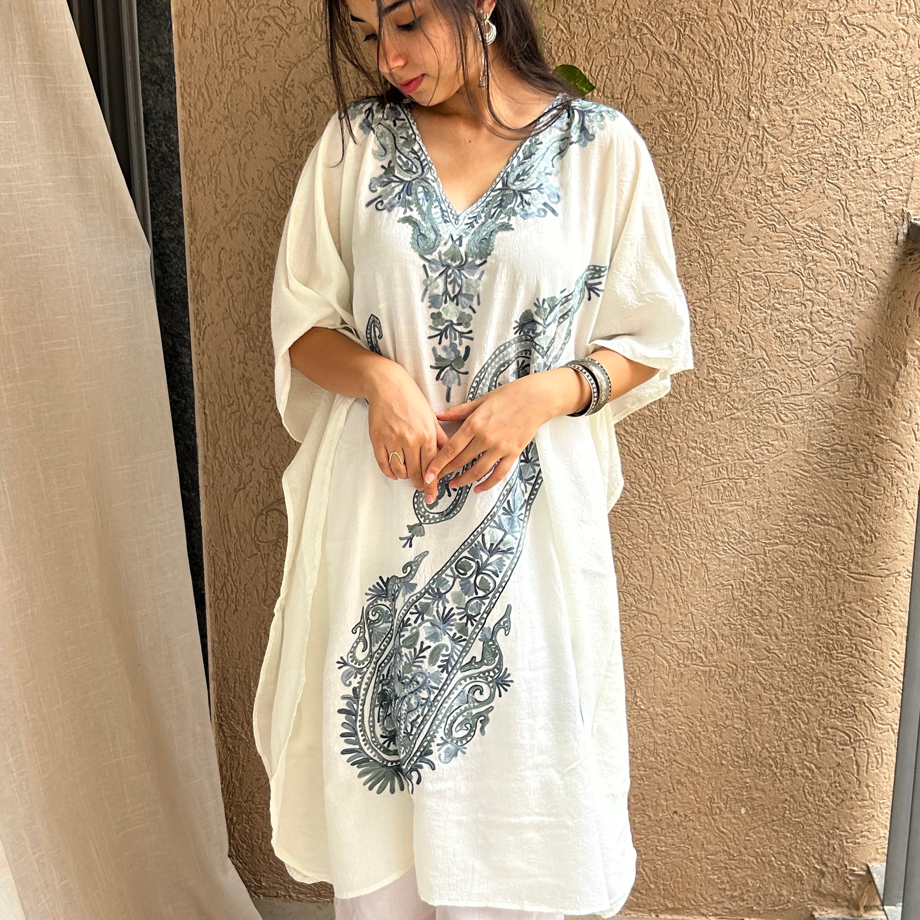 White Paisley Kashmiri Cotton Kaftan