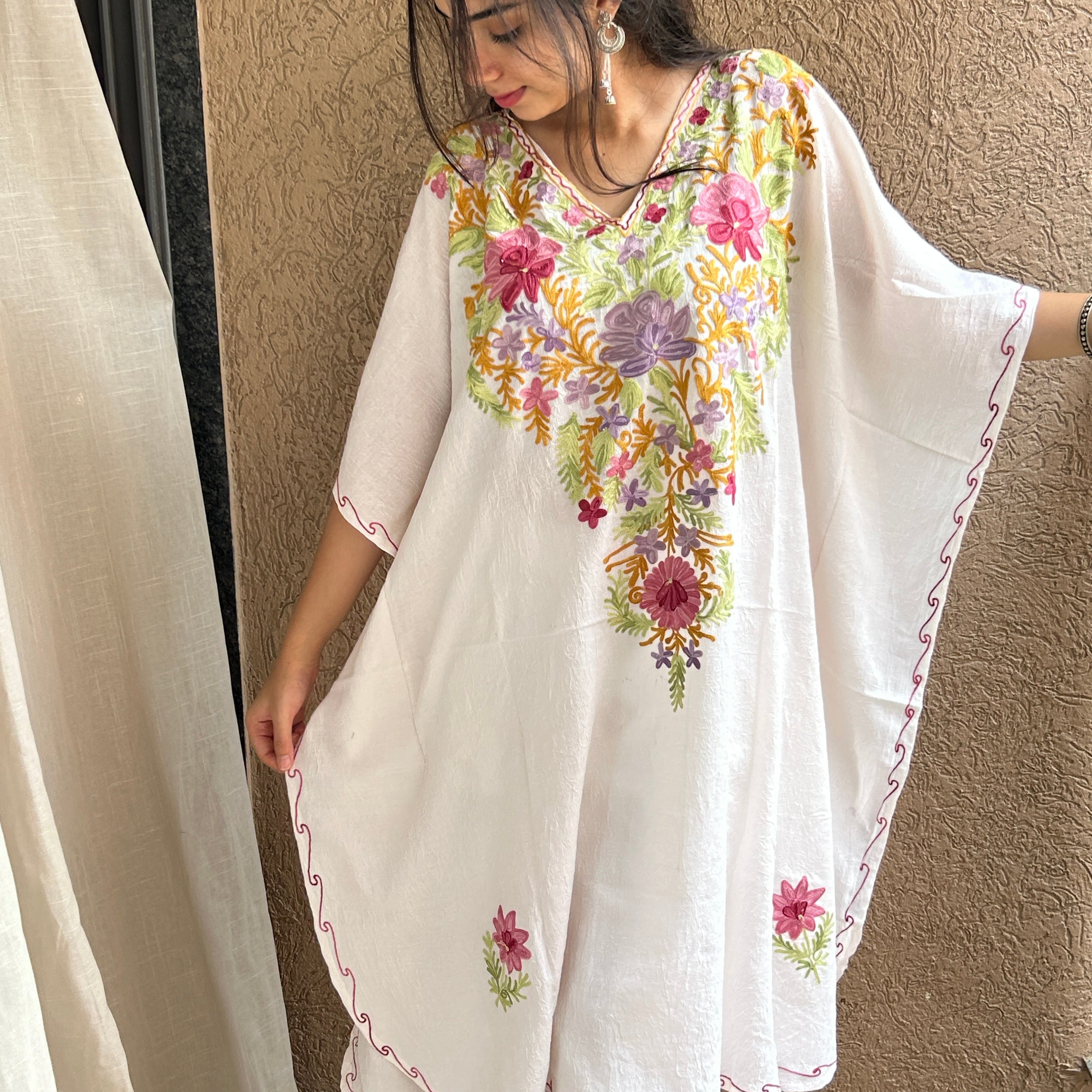 White Floral Kashmiri Cotton Kaftan