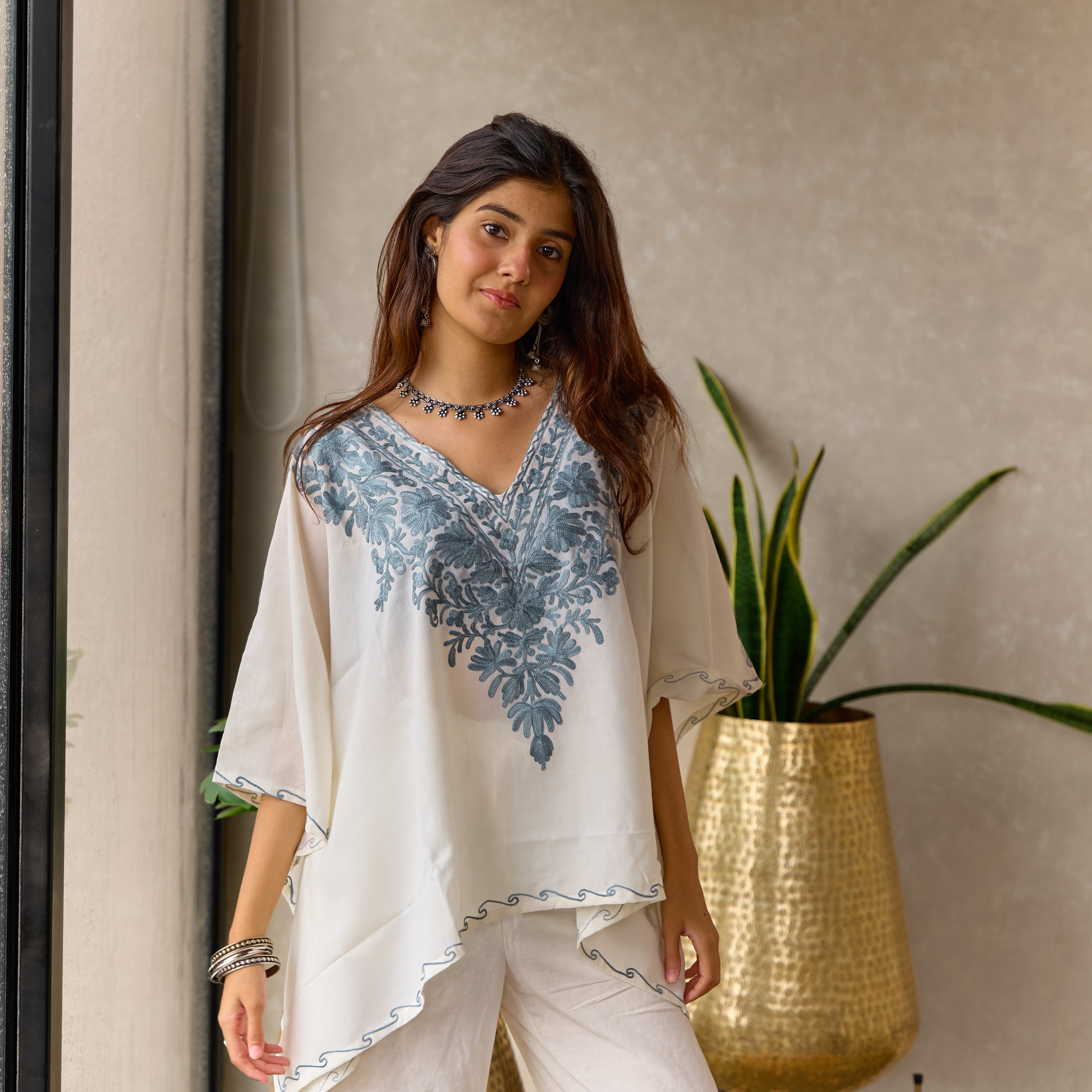 White & Grey Kashmiri Cotton Kaftan Top
