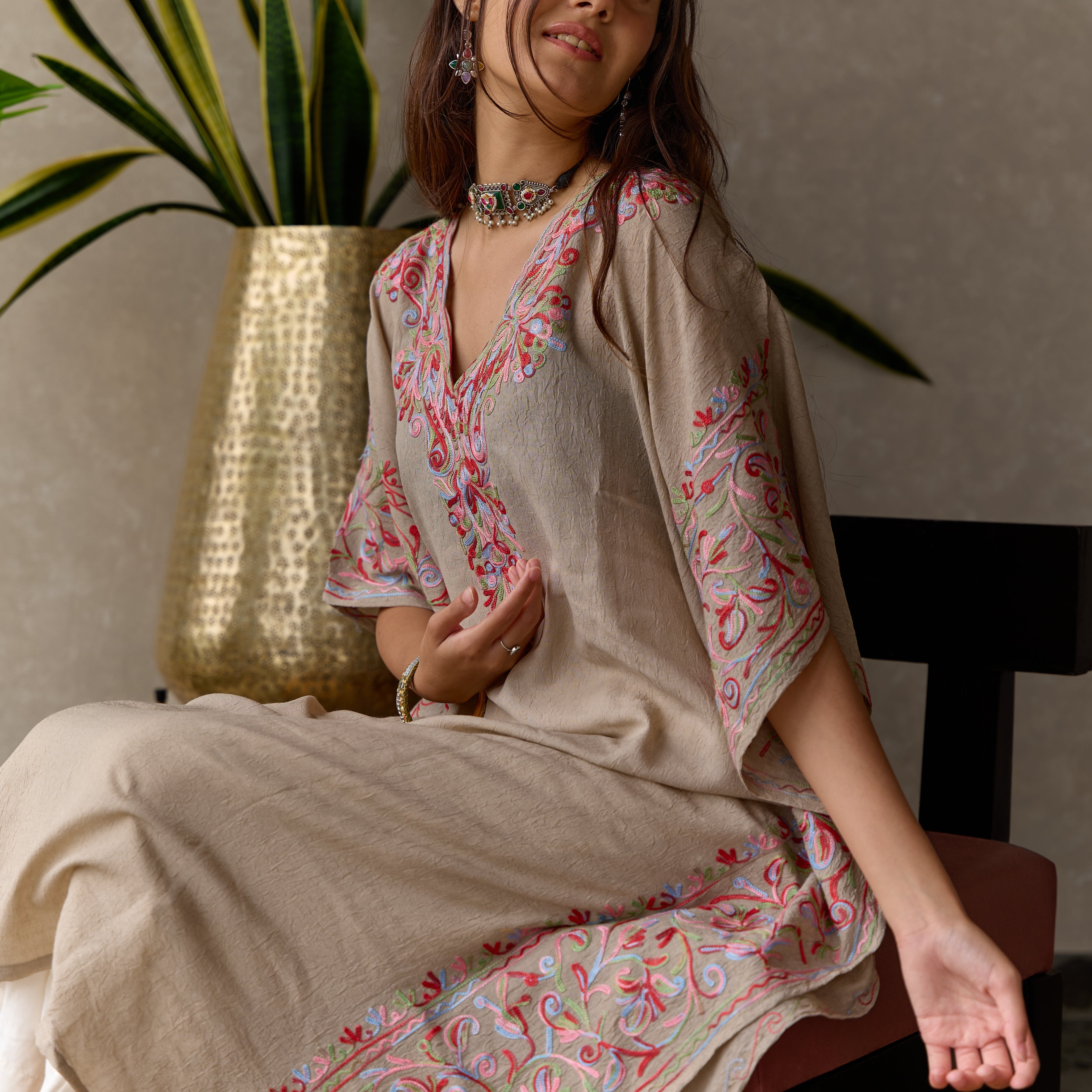 Cream Grey Mughal Kashmiri Kaftan