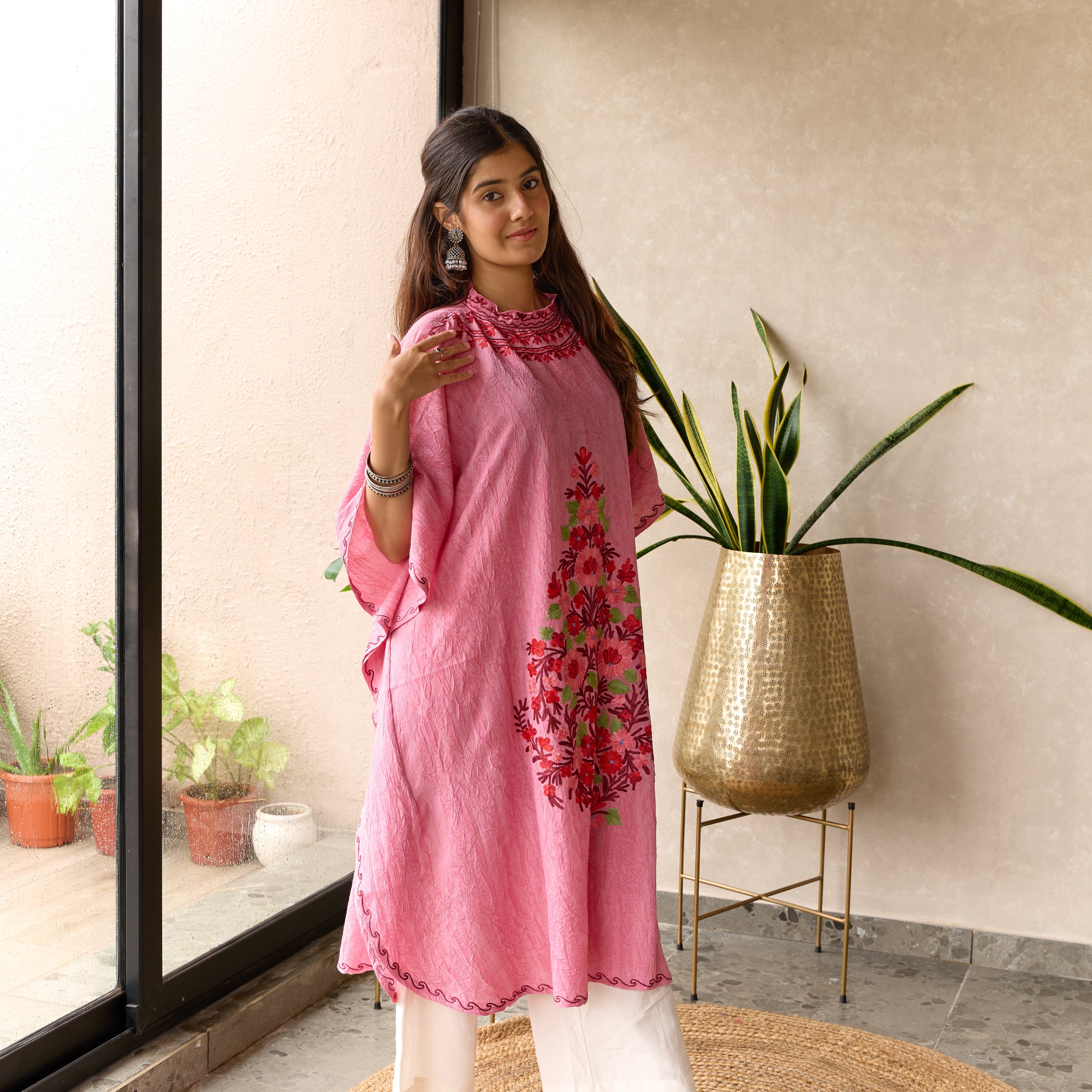 Pink Cotton Kashmiri Kaftan with Collar
