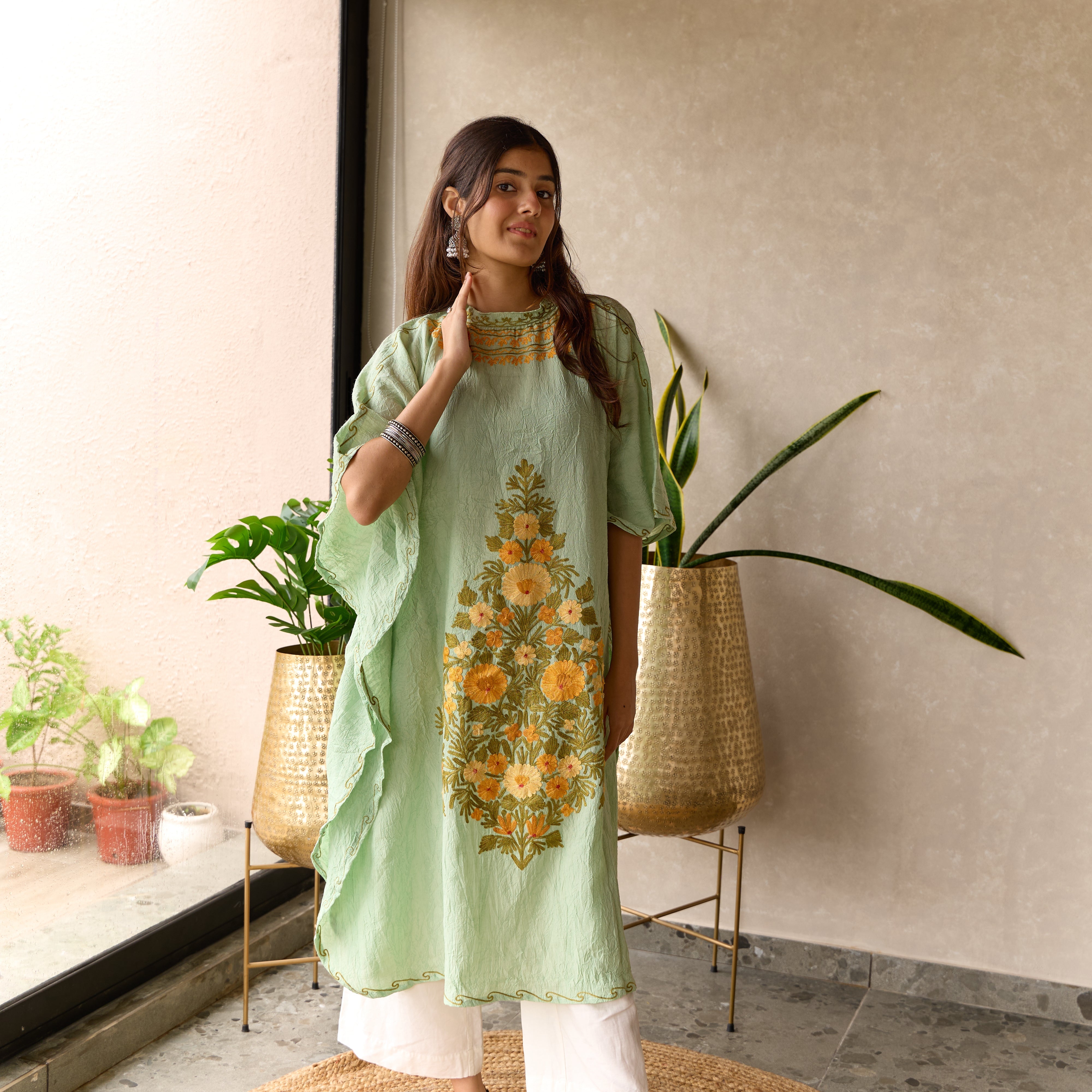 Green Cotton Kashmiri Kaftan with Collar