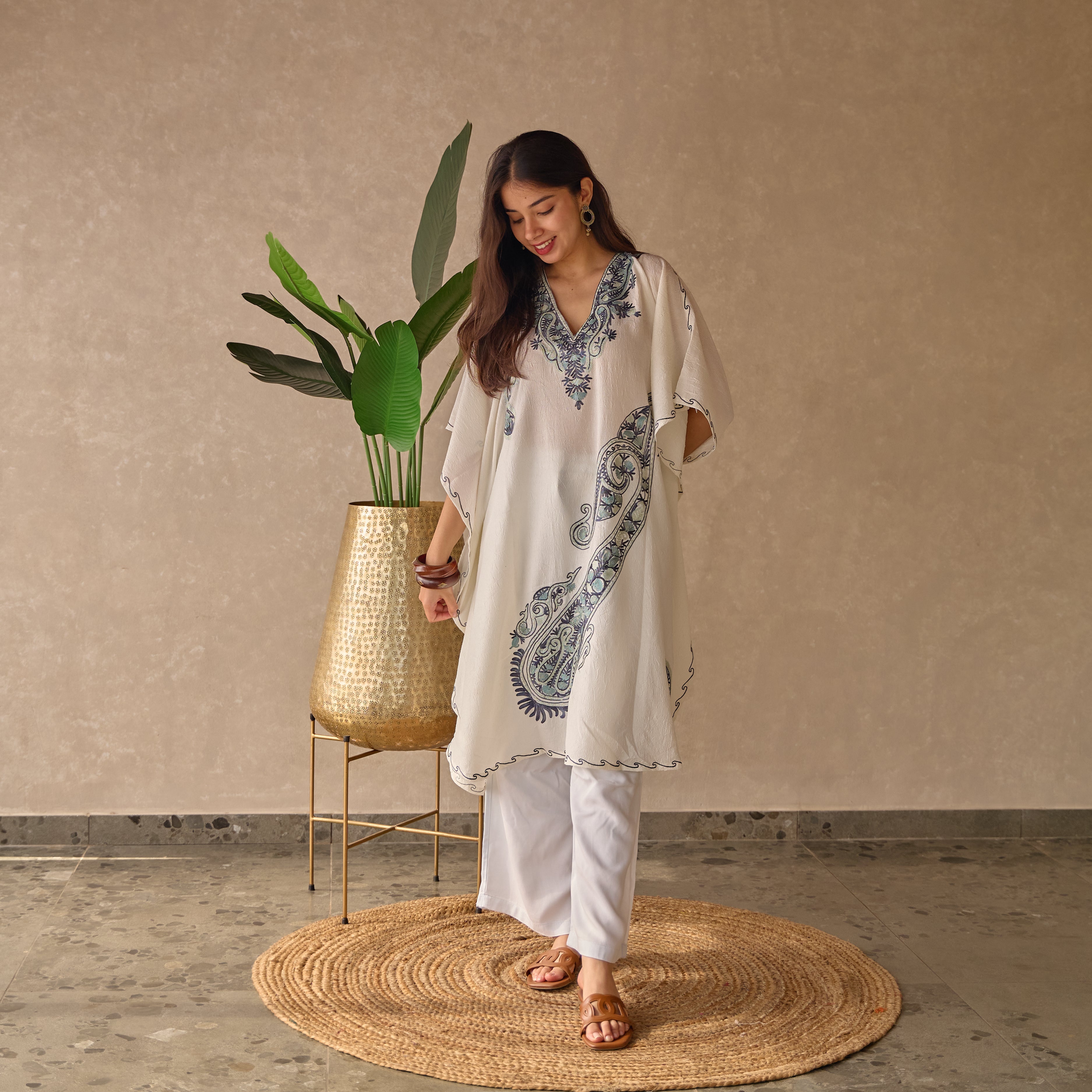 White Paisley Kashmiri Cotton Kaftan