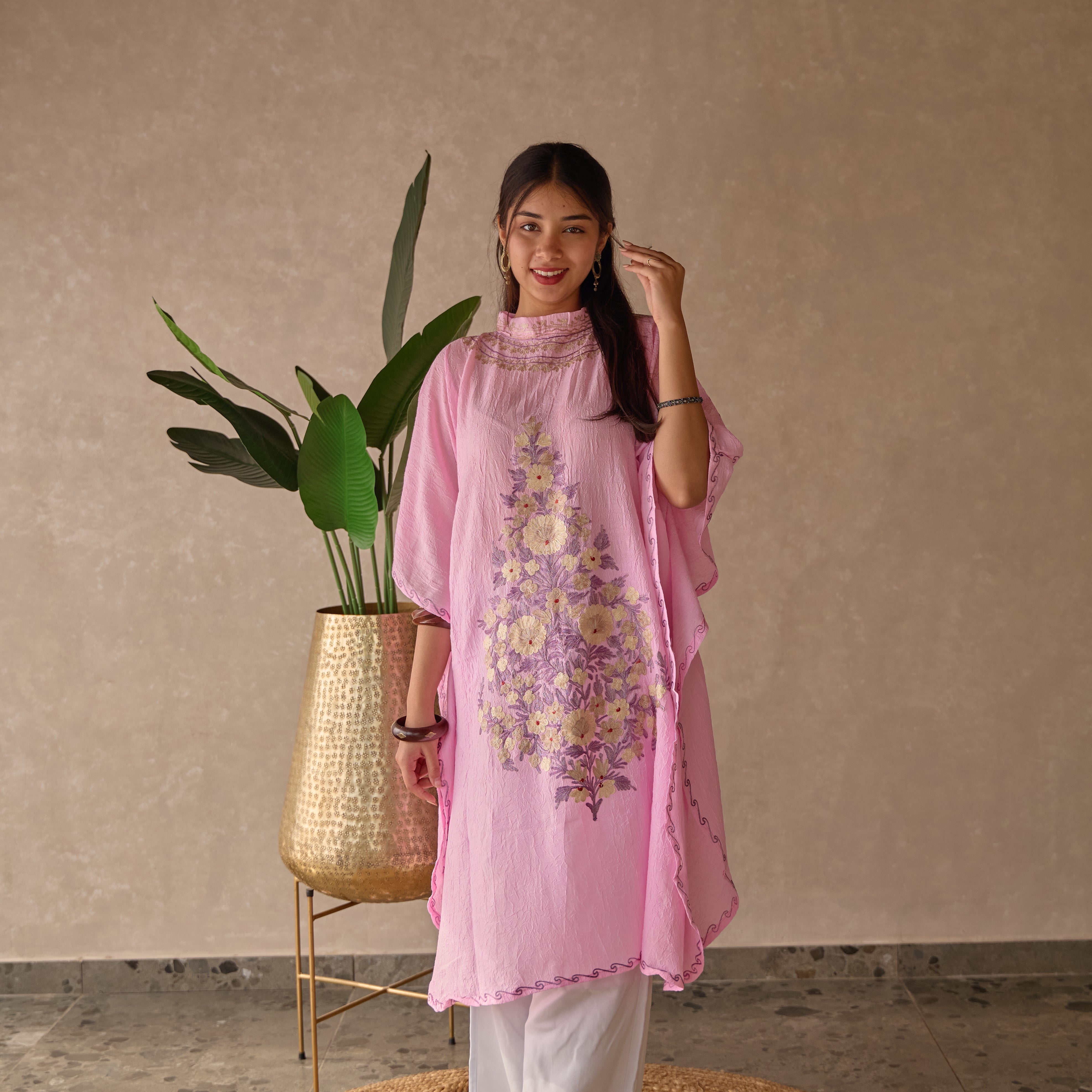 Pink Kashmiri Kaftan with Collar