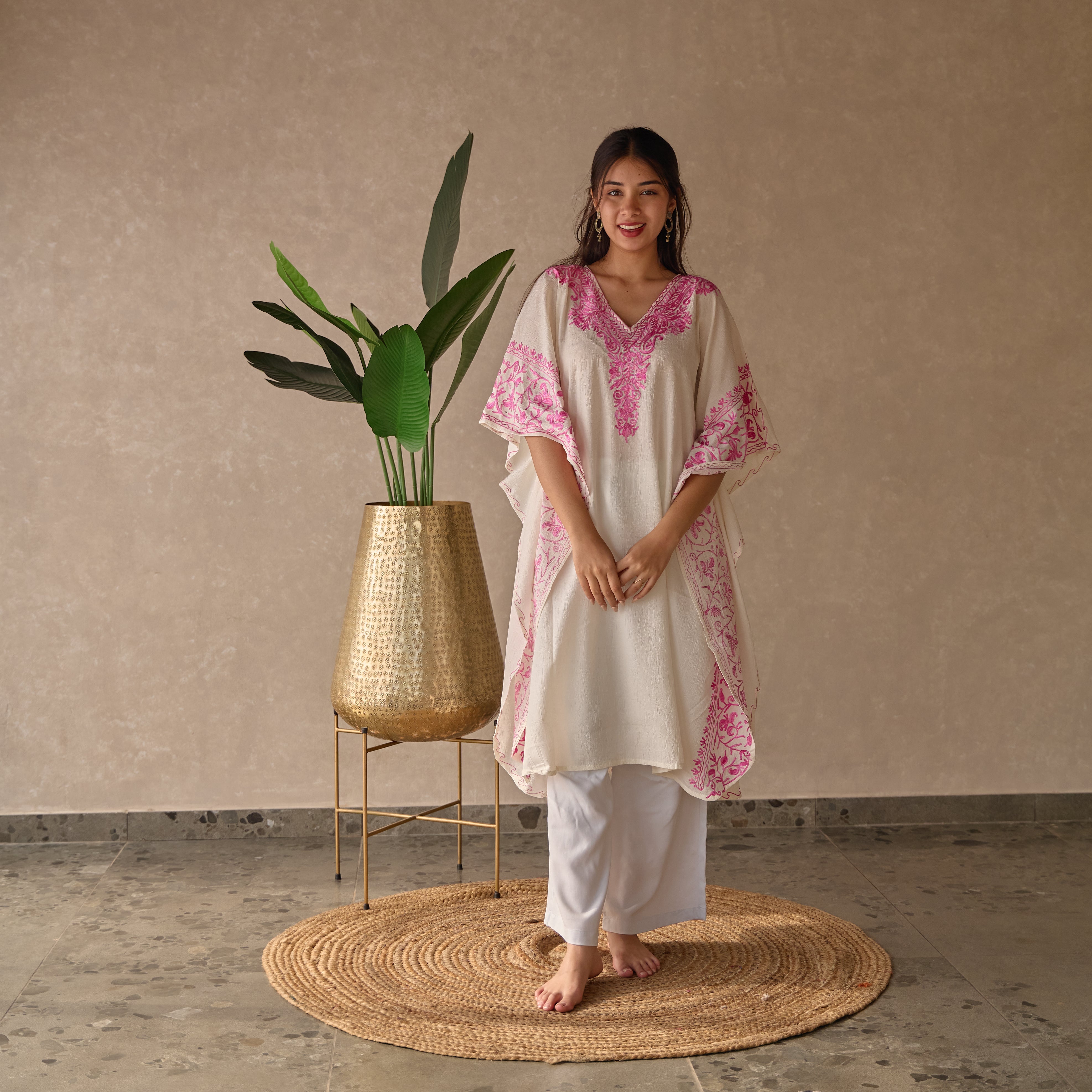 White with Pink Jhal Kashmiri Kaftan