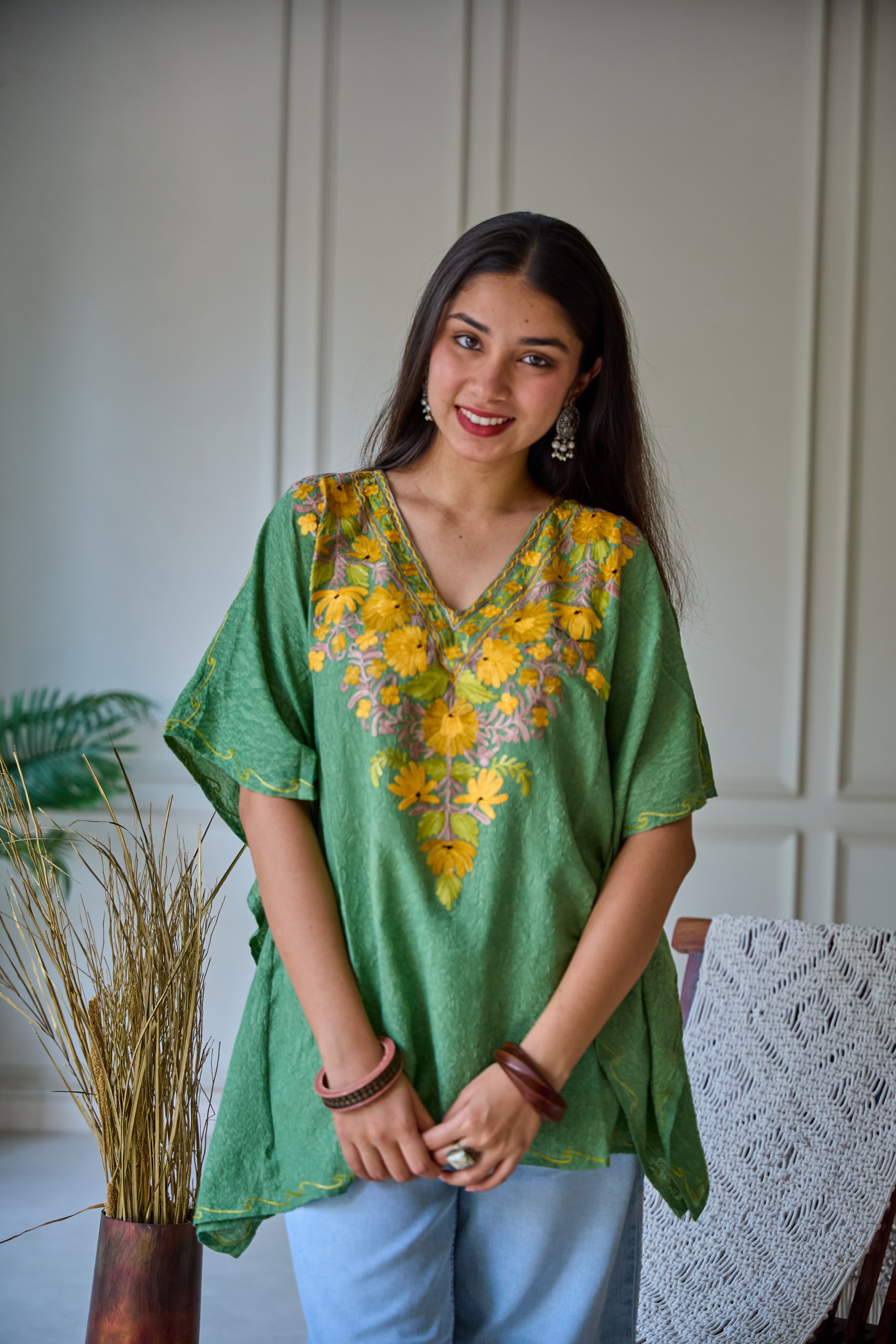 Green Kashmiri Cotton Kaftan Top