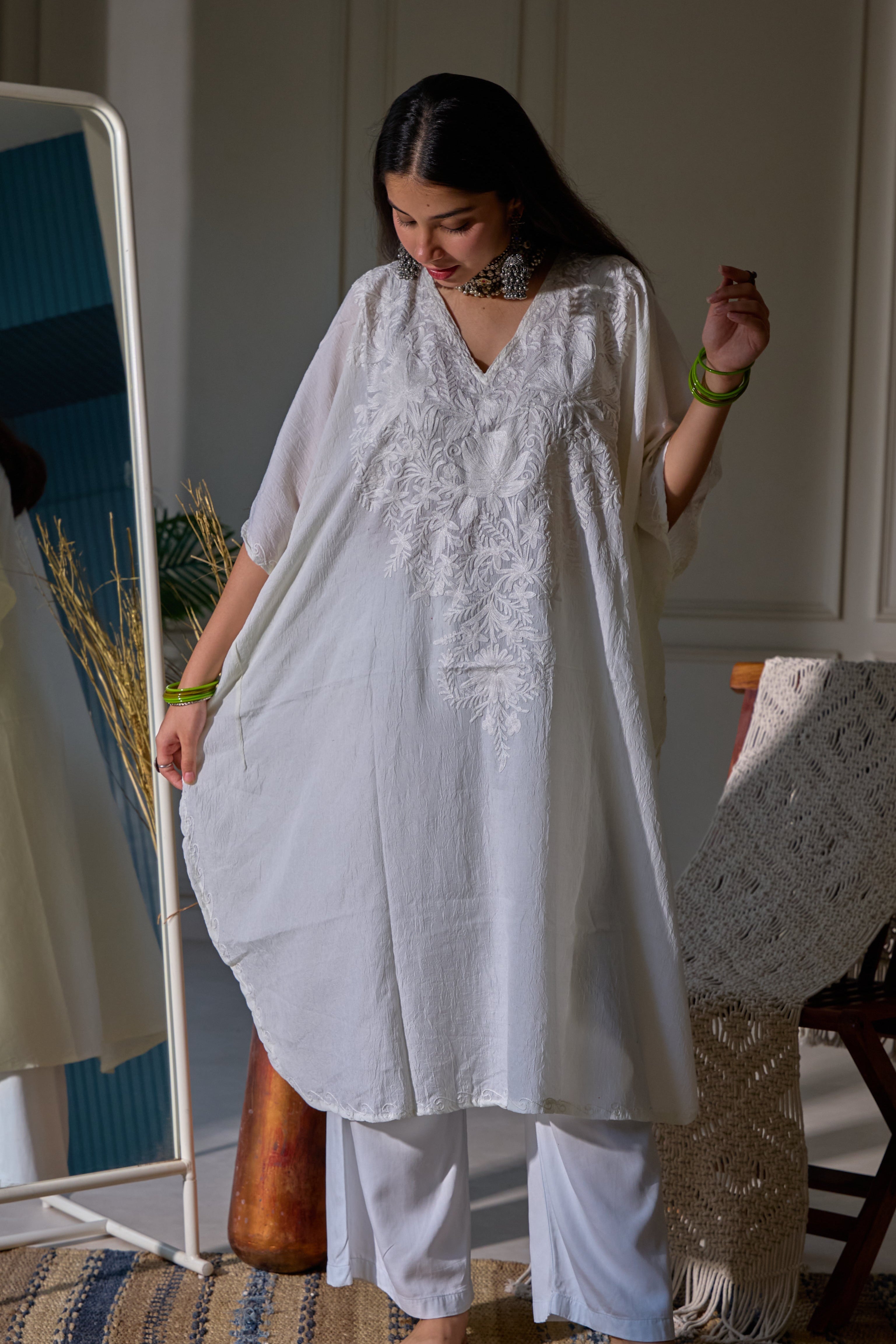 Off White Kashmiri Cotton Kaftan