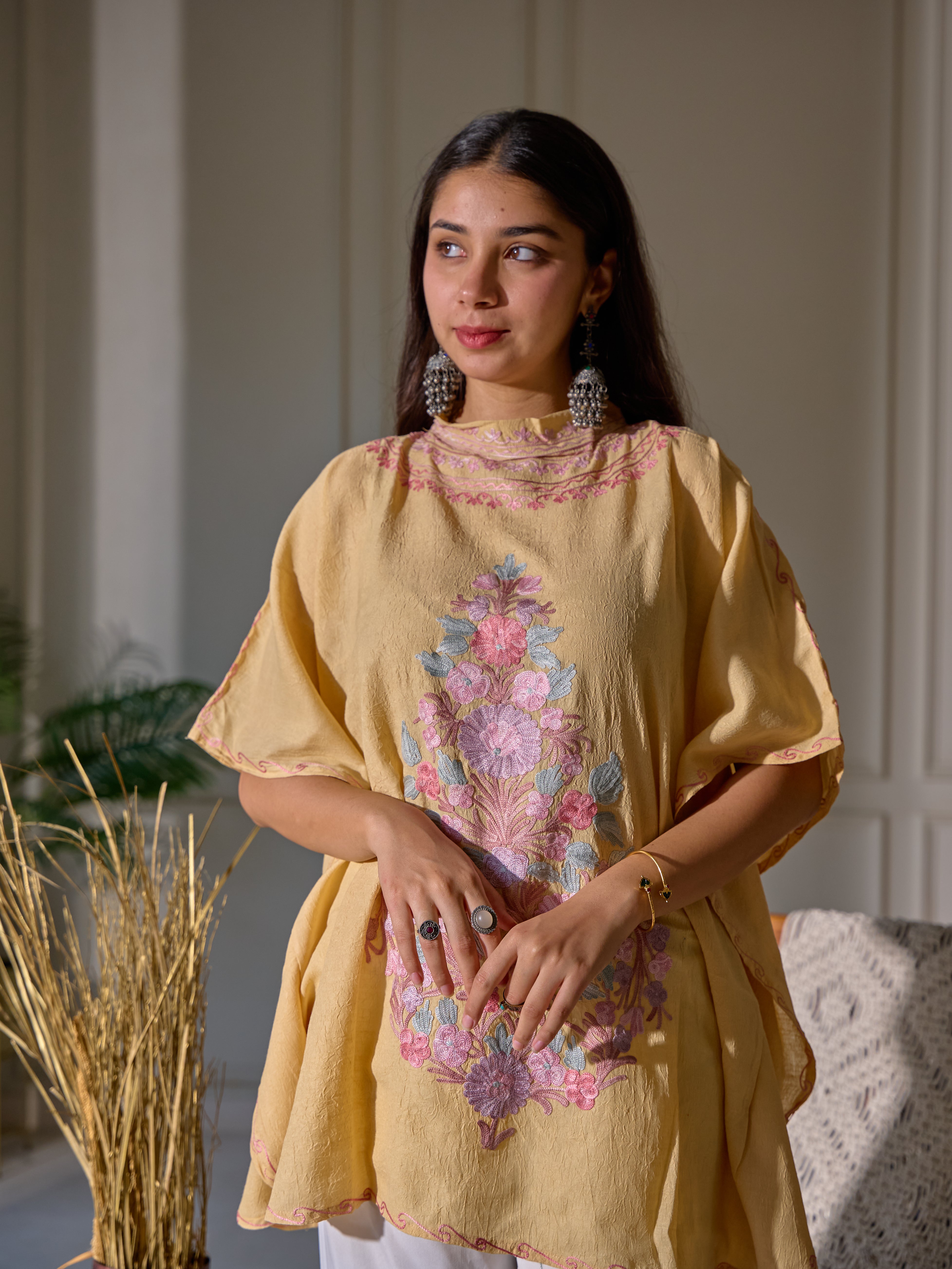 Beige Collar Kashmiri Kaftan Top
