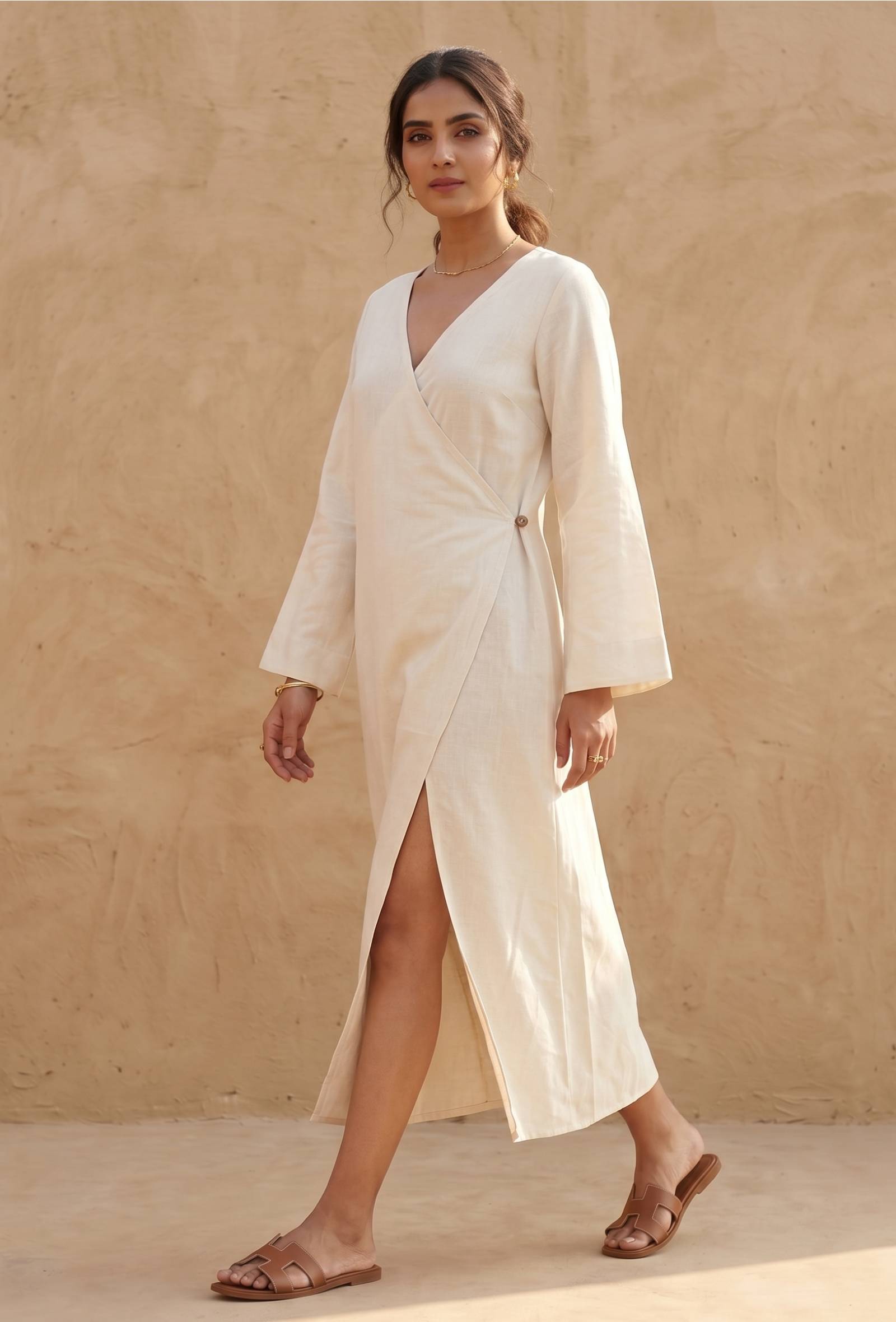 Natural Beige Cotton Flex Wrap Midi Dress