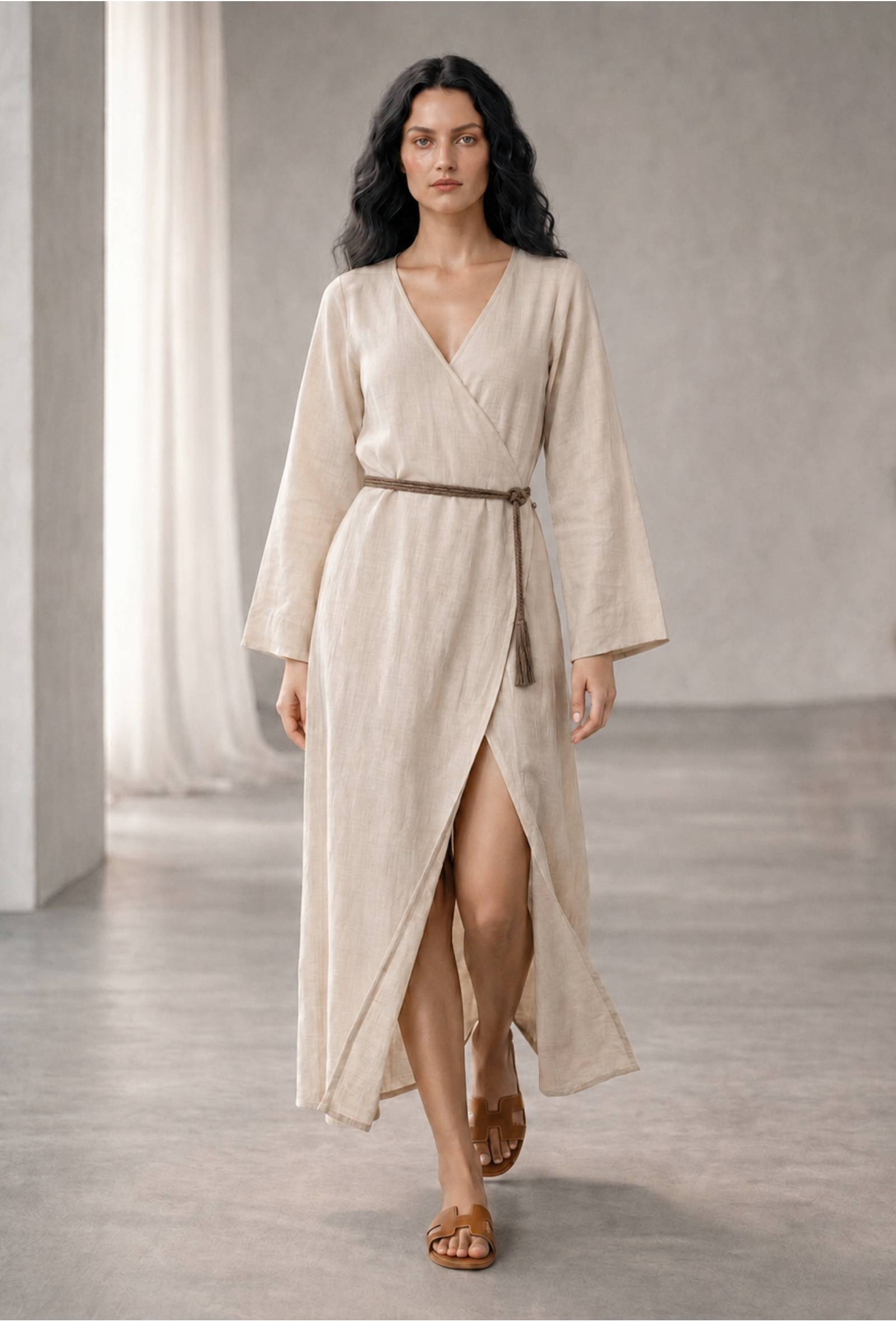 Natural Beige Cotton Flex Wrap Midi Dress