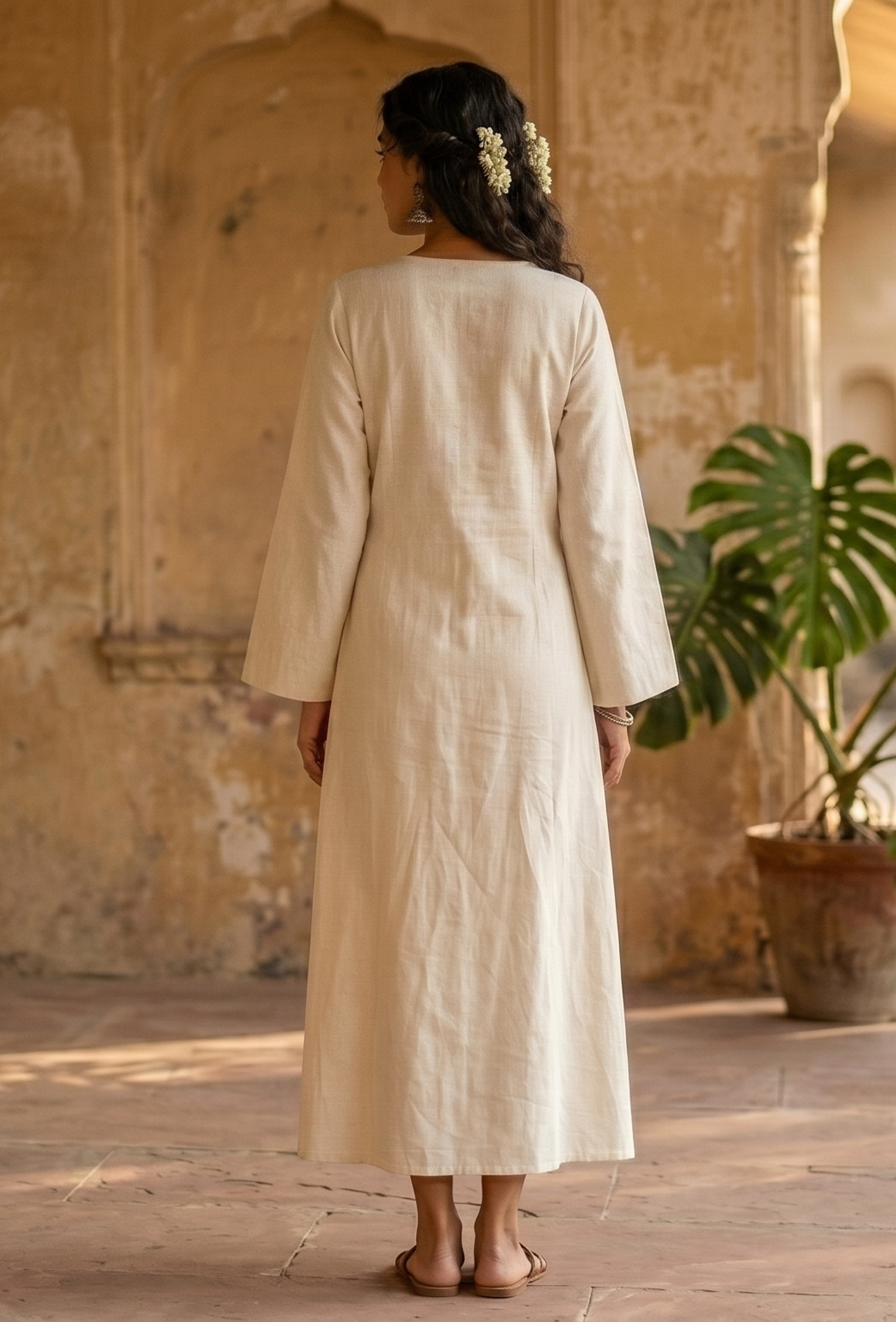 Natural Beige Cotton Flex Wrap Midi Dress