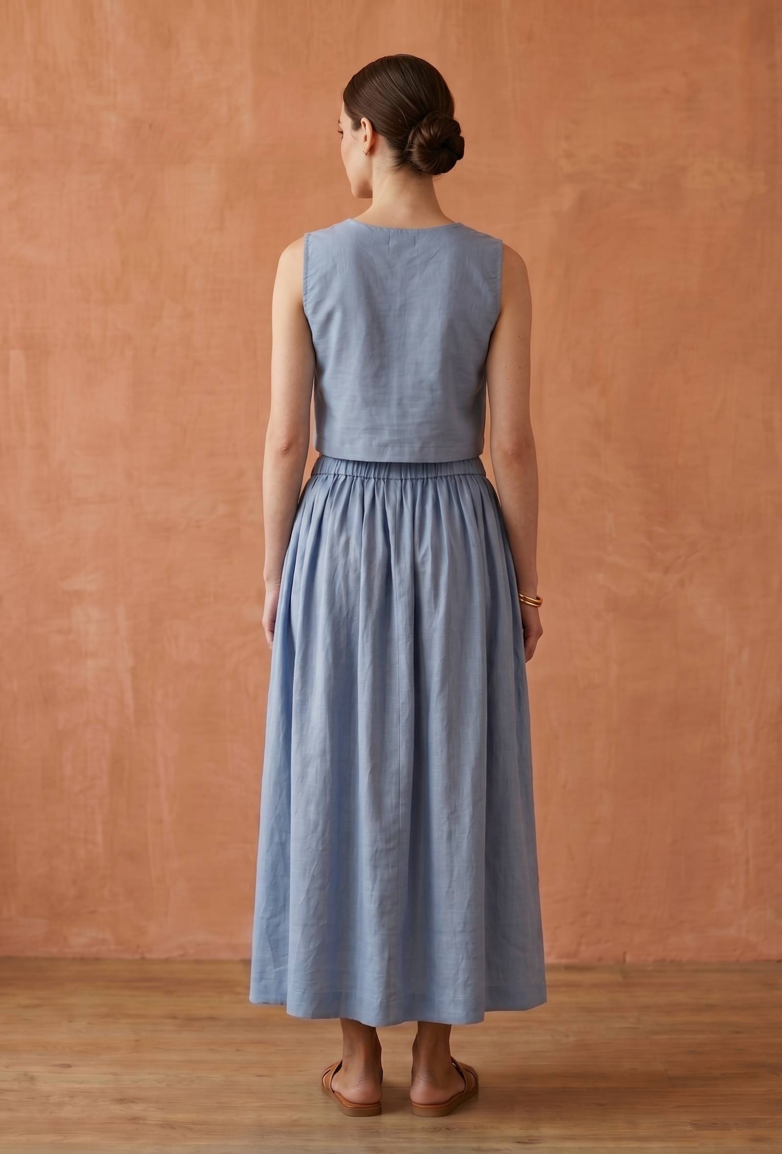 Set of 2: Dusty Blue Cotton Crop Top and Flared Skirt Set
