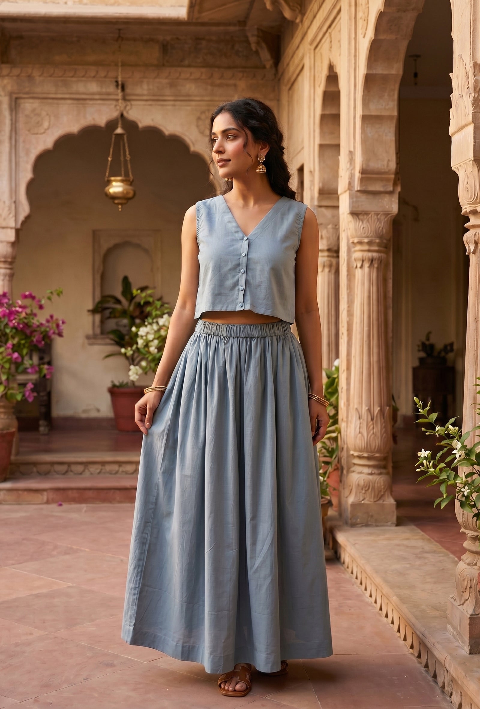 Set of 2: Dusty Blue Cotton Crop Top and Flared Skirt Set