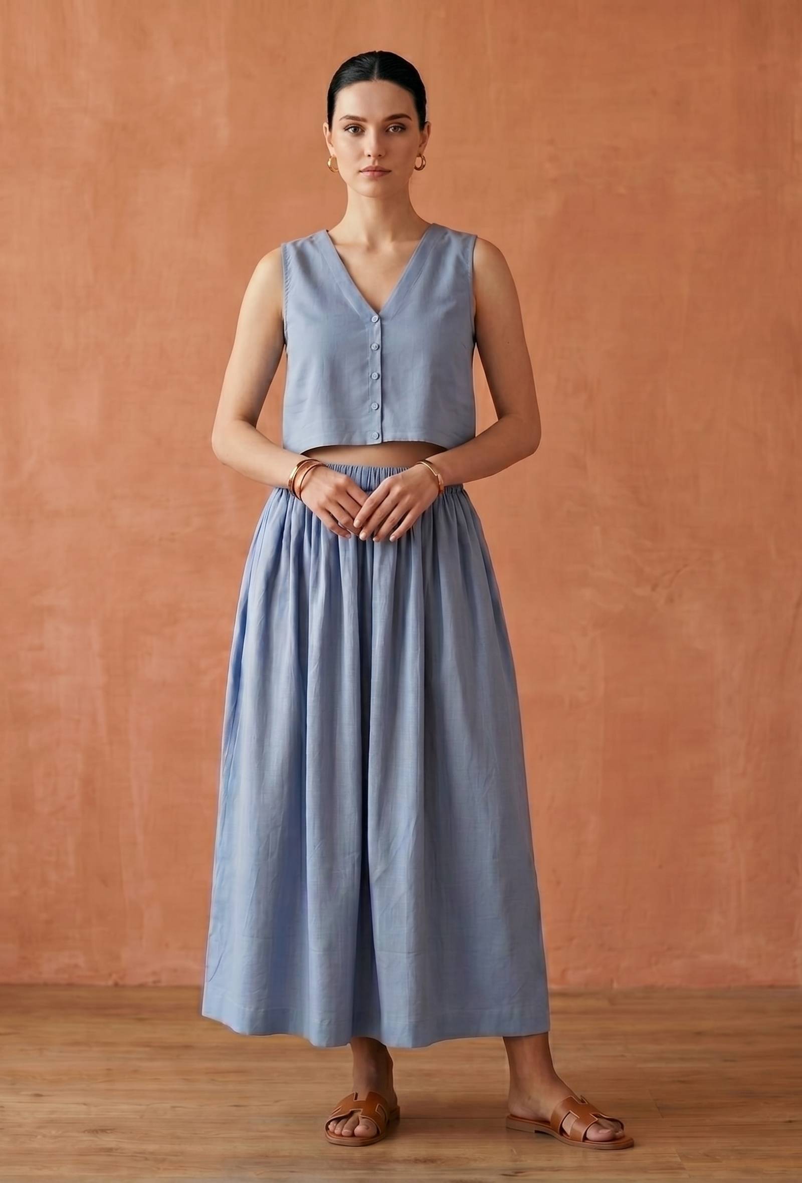 Set of 2: Dusty Blue Cotton Crop Top and Flared Skirt Set
