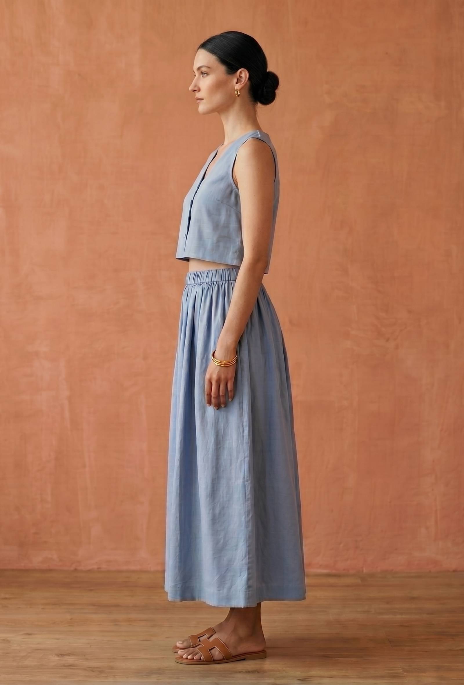 Set of 2: Dusty Blue Cotton Crop Top and Flared Skirt Set