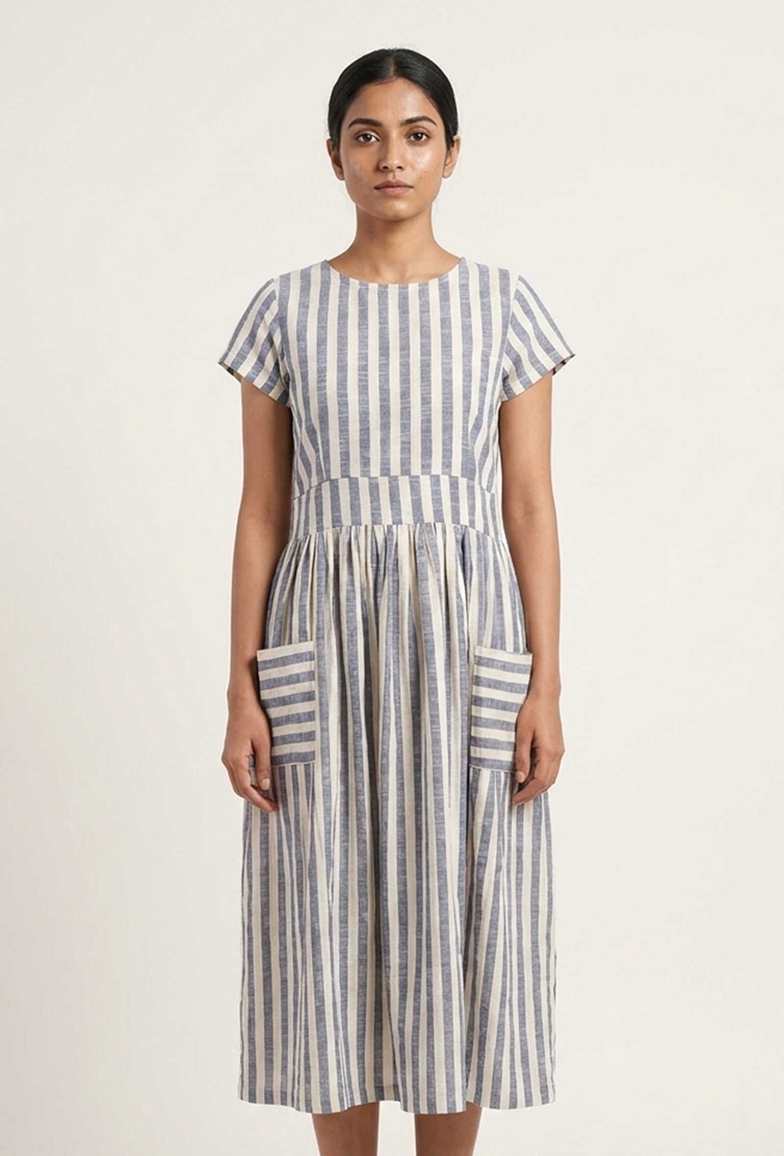 Blue & White Striped Cotton Midi Dress