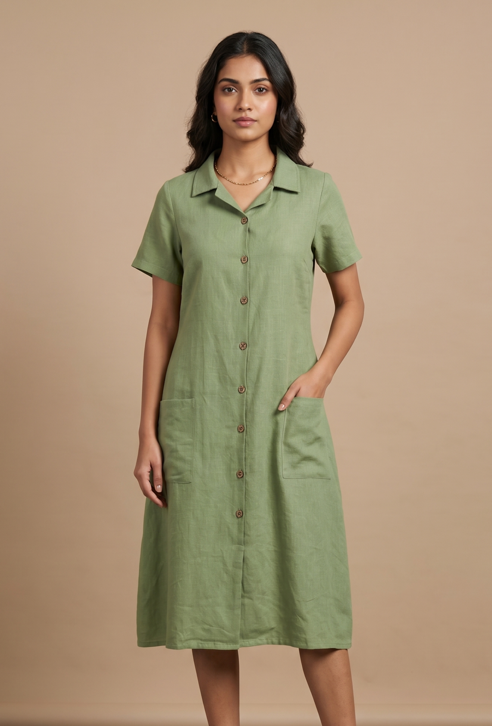 Olive Green Solid Shirt Collar Midi Dress