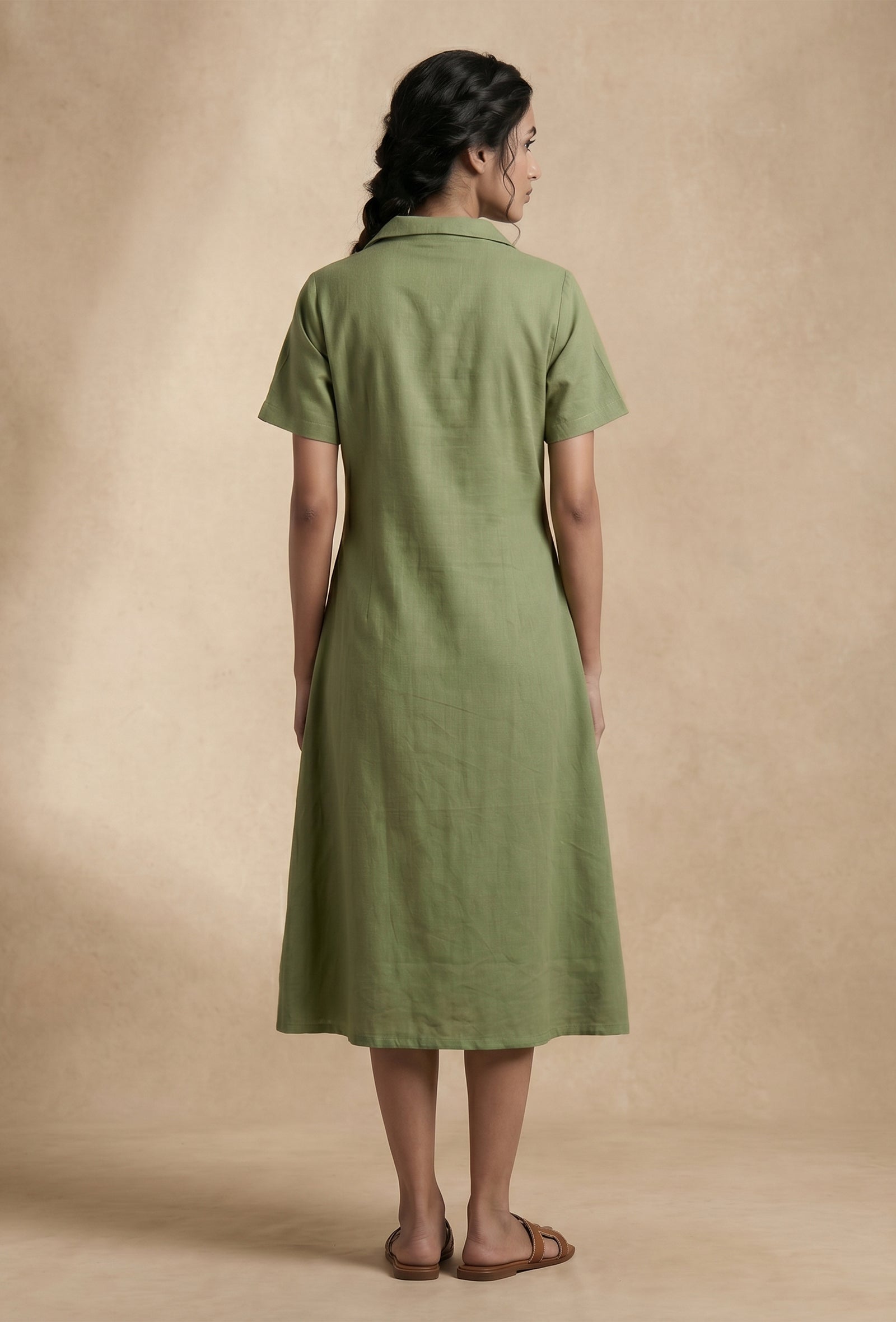 Olive Green Solid Shirt Collar Midi Dress