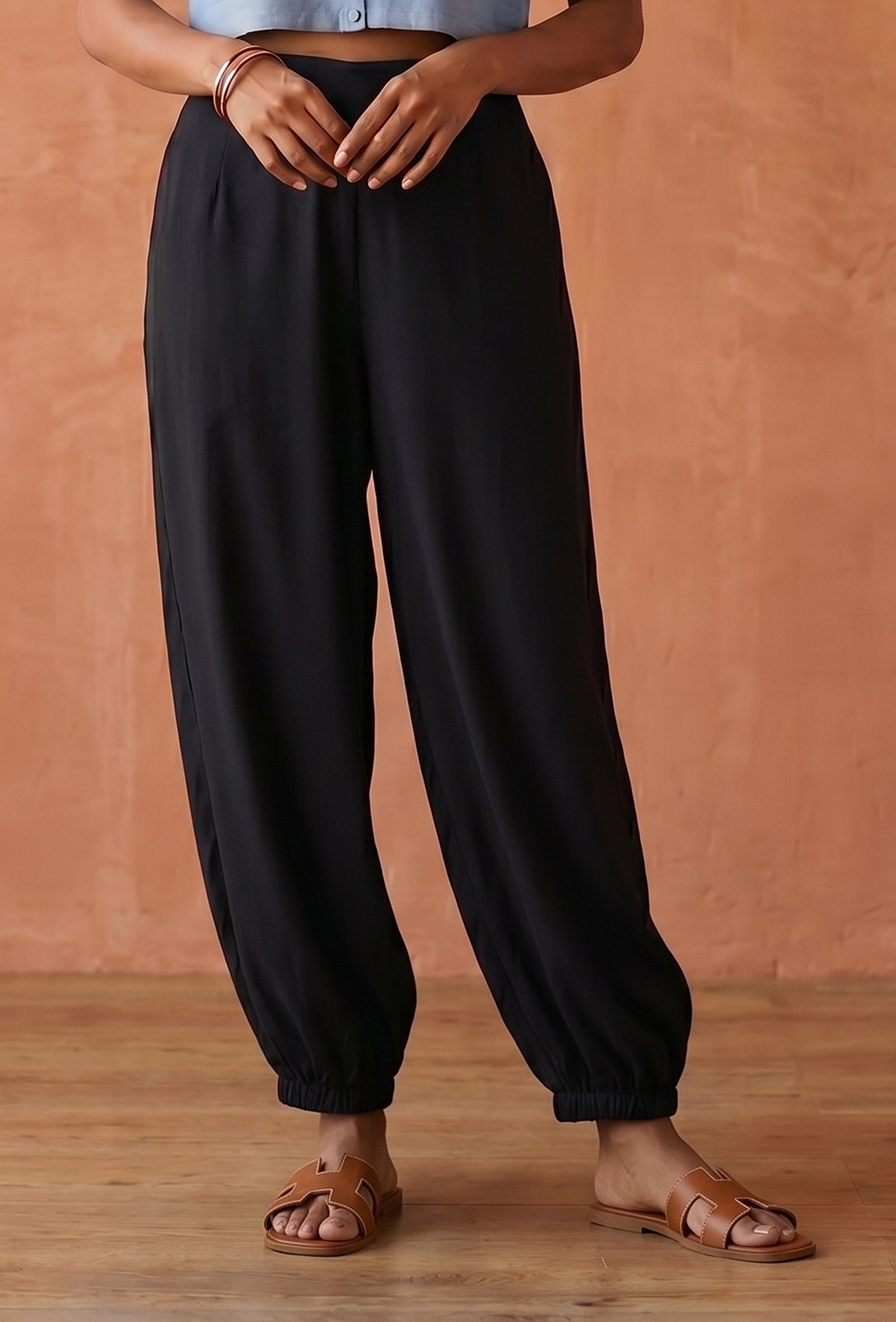 Women's Black Gathered Hem Pants