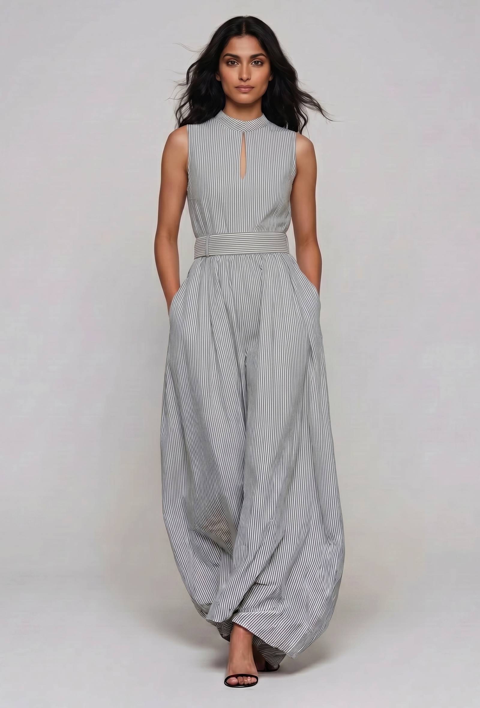 Monochrome Muse Striped Sleeveless Cutout Stripe Jumpsuit