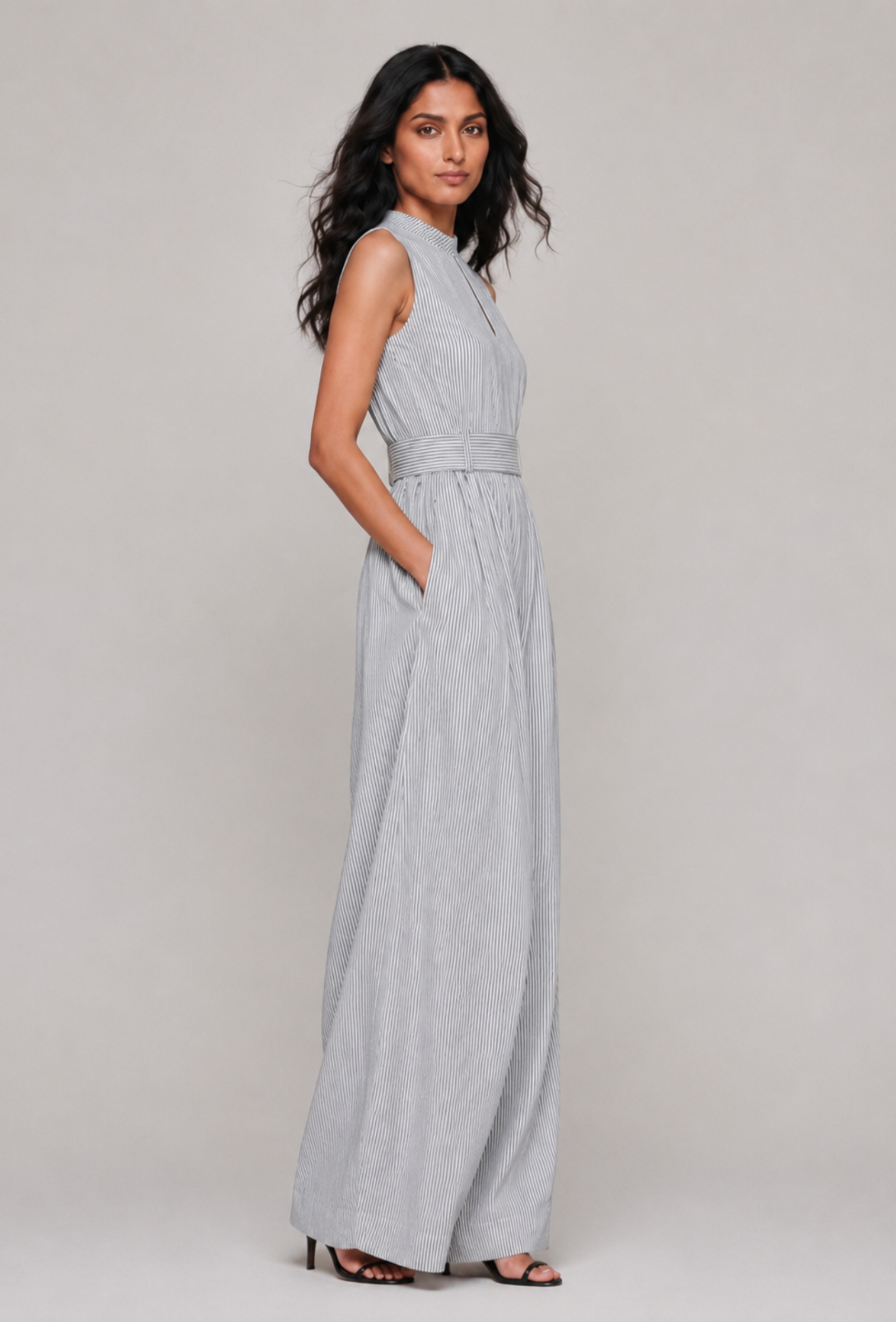 Monochrome Muse Striped Sleeveless Cutout Stripe Jumpsuit