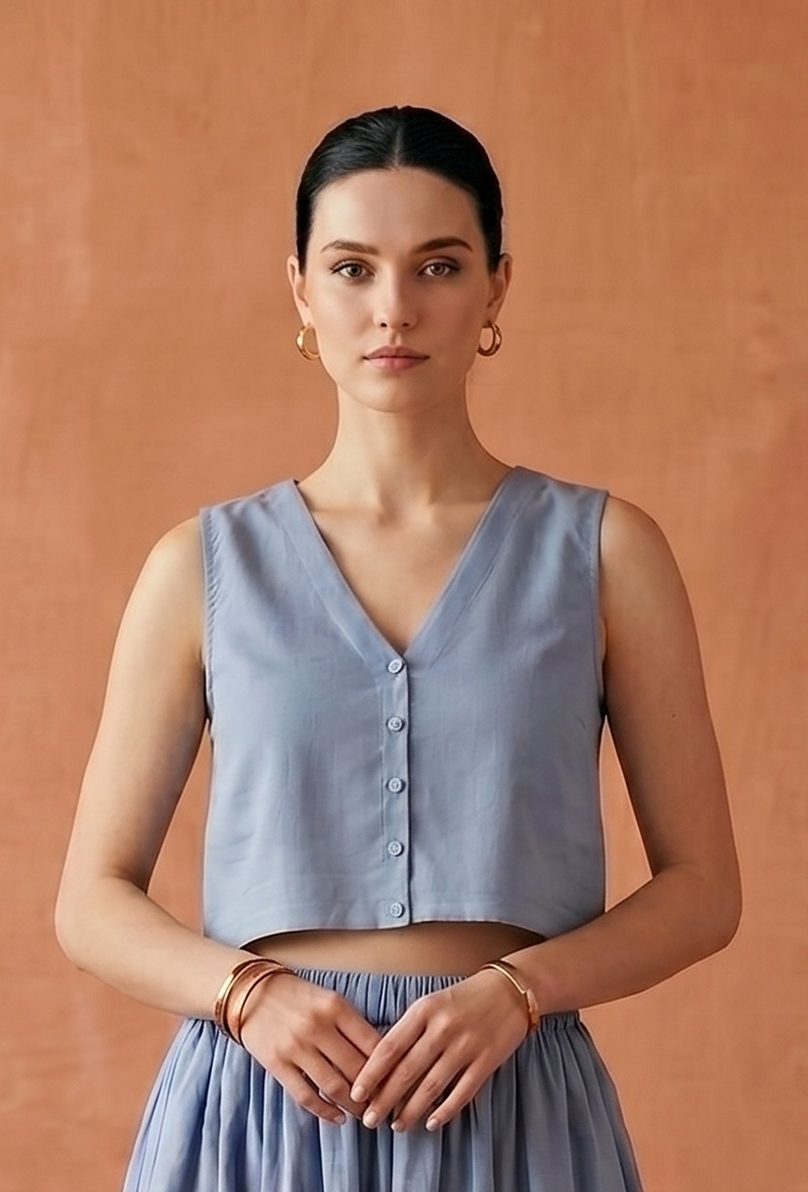 Dusty Blue Cotton Slub V-Neck Button-Down Crop Top