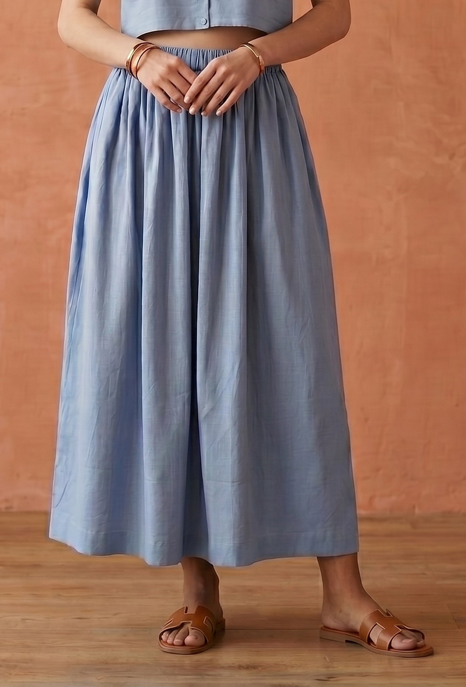 Dusty Blue Cotton Slub Gathered Maxi Skirt