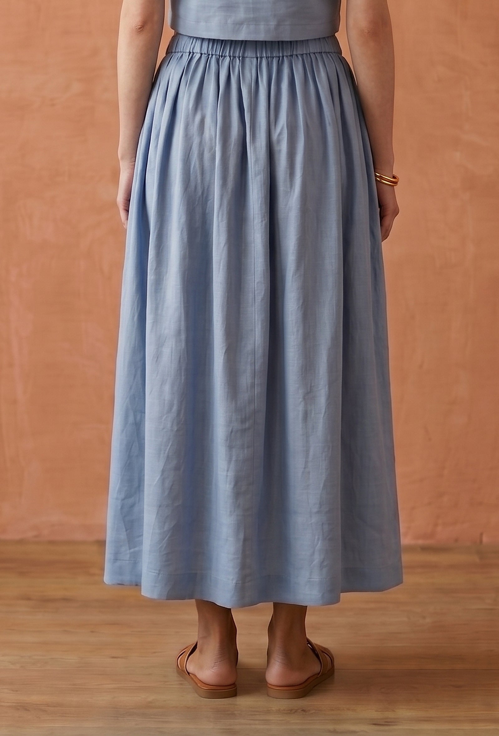Dusty Blue Cotton Slub Gathered Maxi Skirt