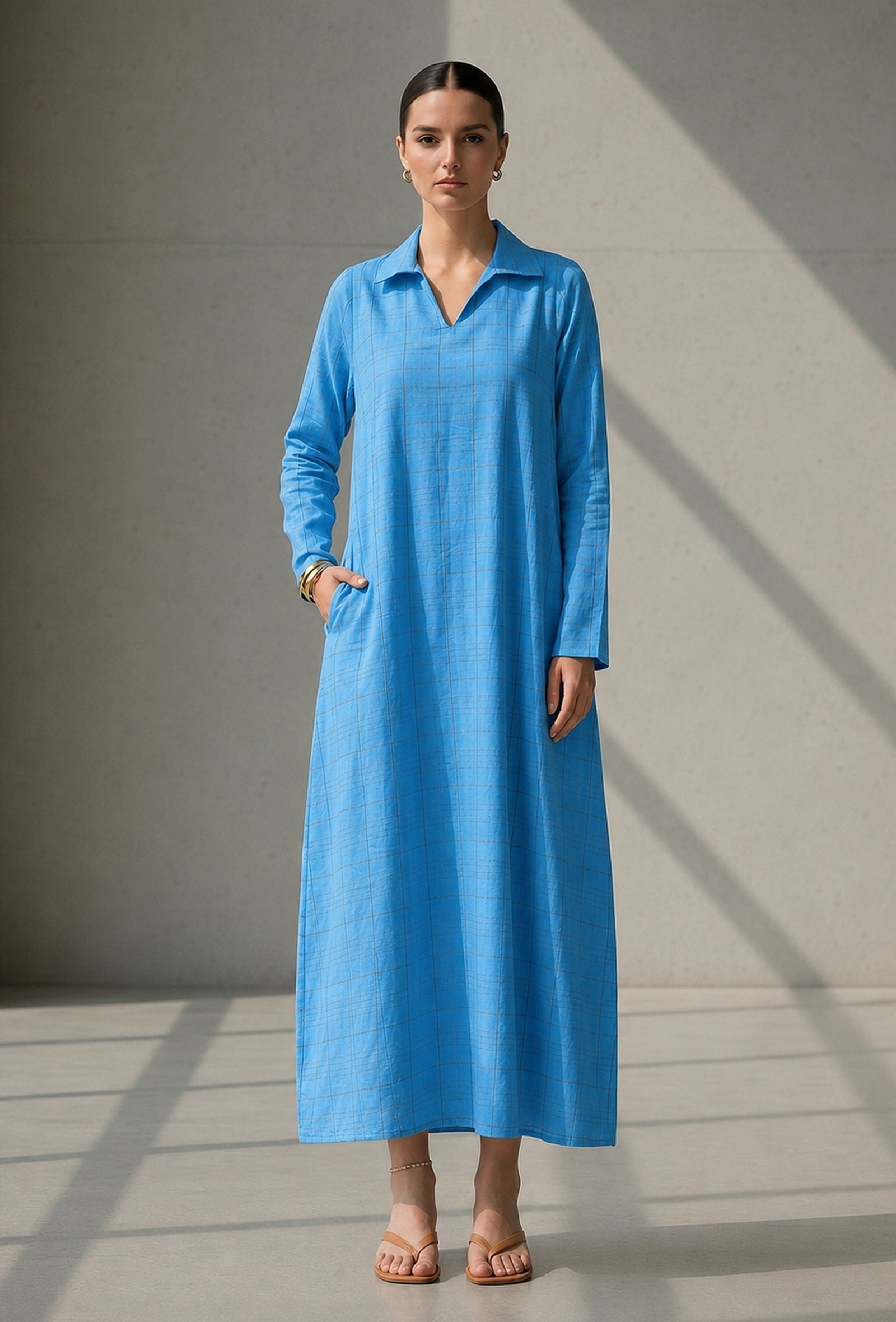 Sky Blue Relaxed Fit Cotton Collared Maxi Dress