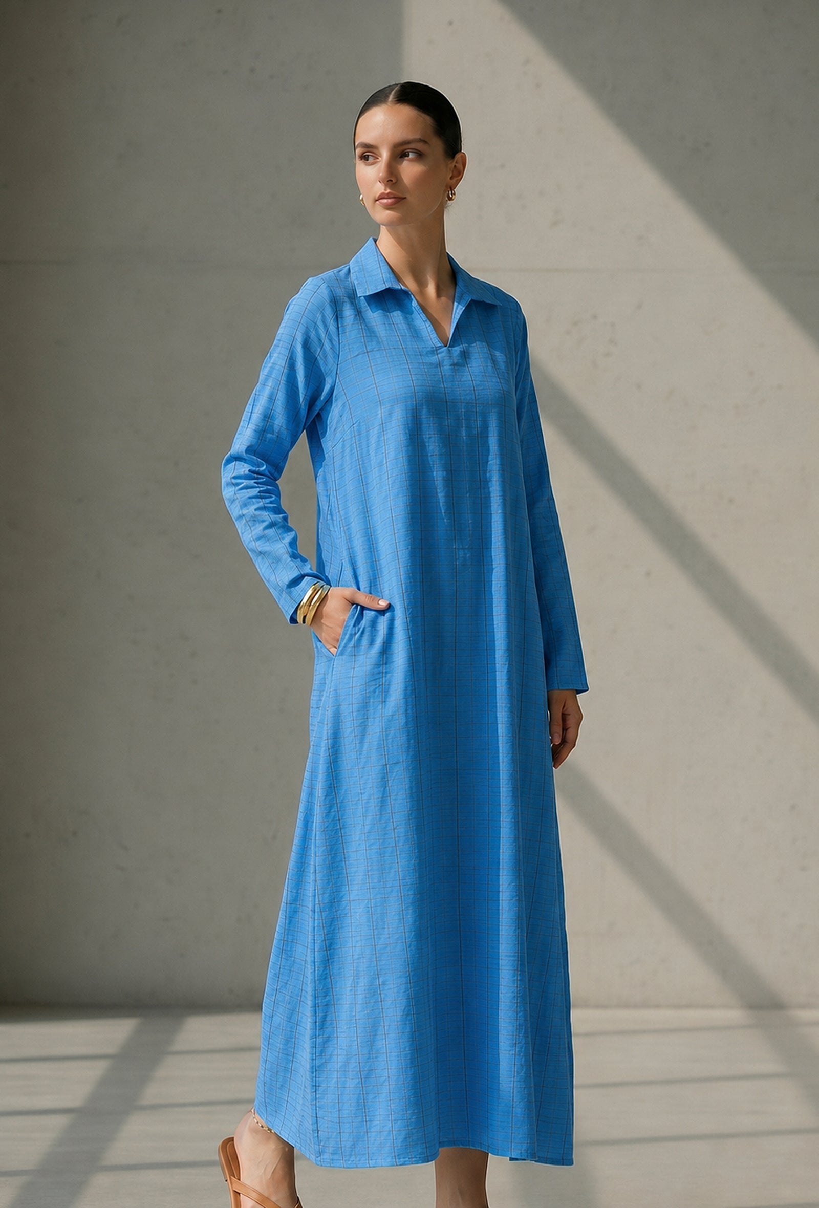 Sky Blue Relaxed Fit Cotton Collared Maxi Dress