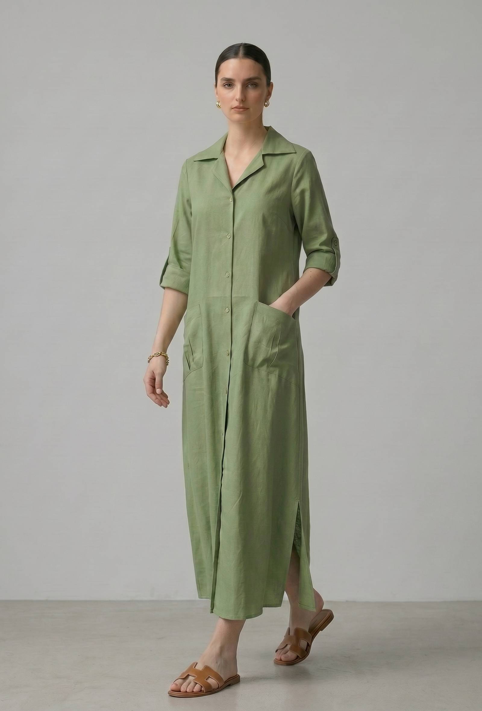 Olive Green Button-Down Cotton Long Dress