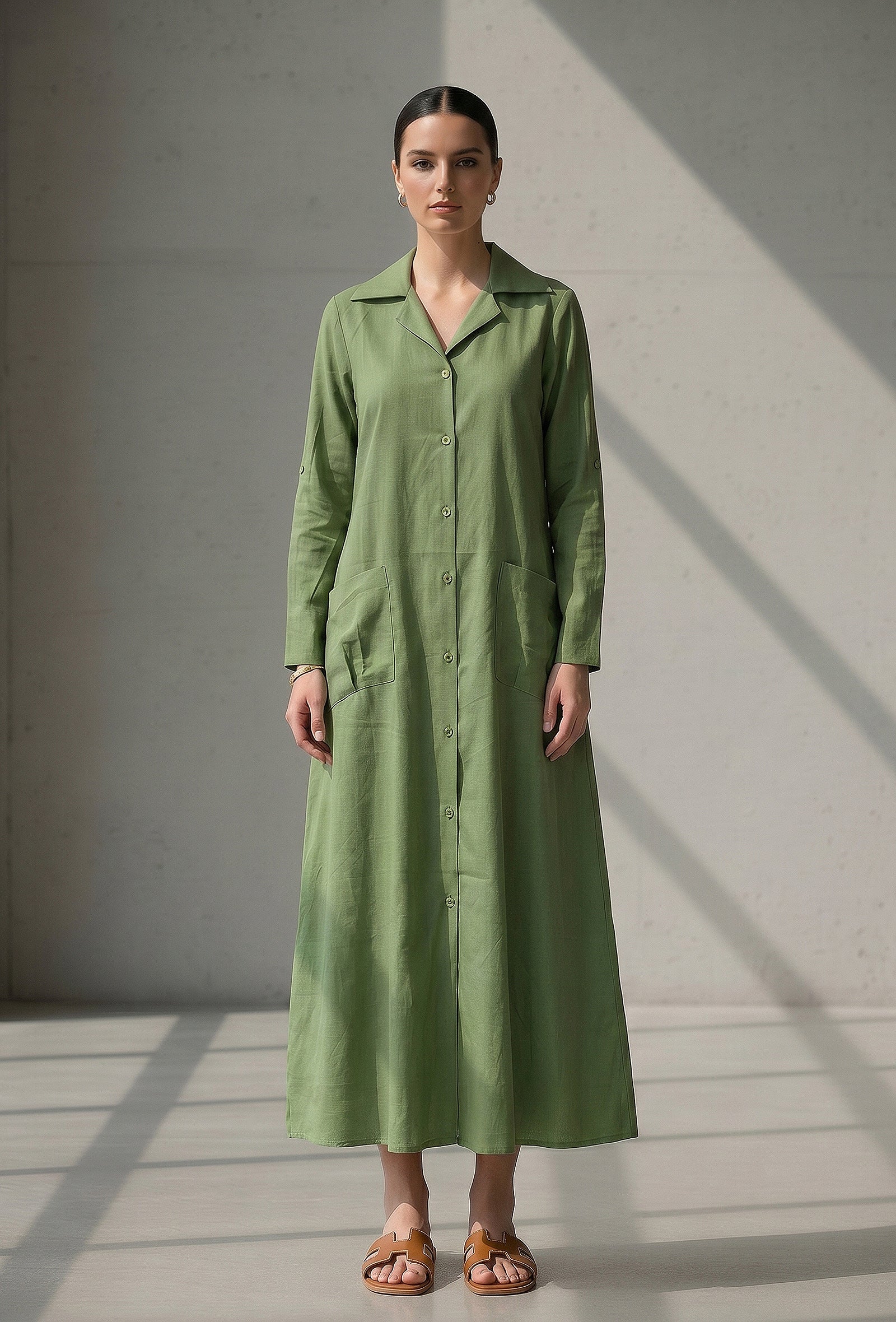 Olive Green Button-Down Cotton Long Dress
