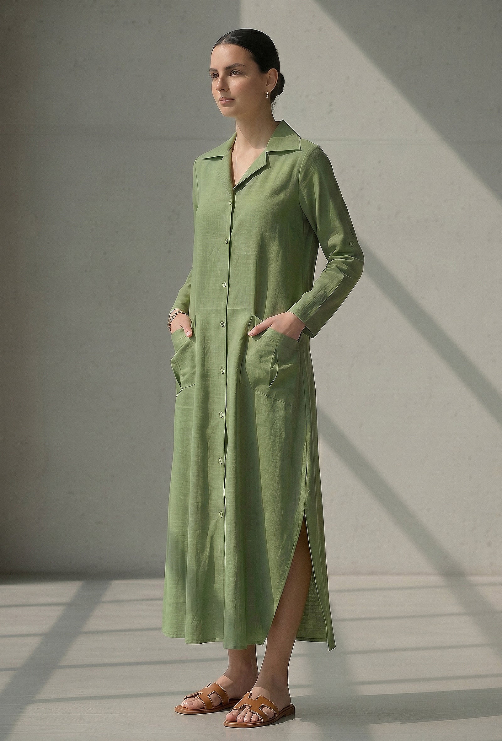 Olive Green Button-Down Cotton Long Dress
