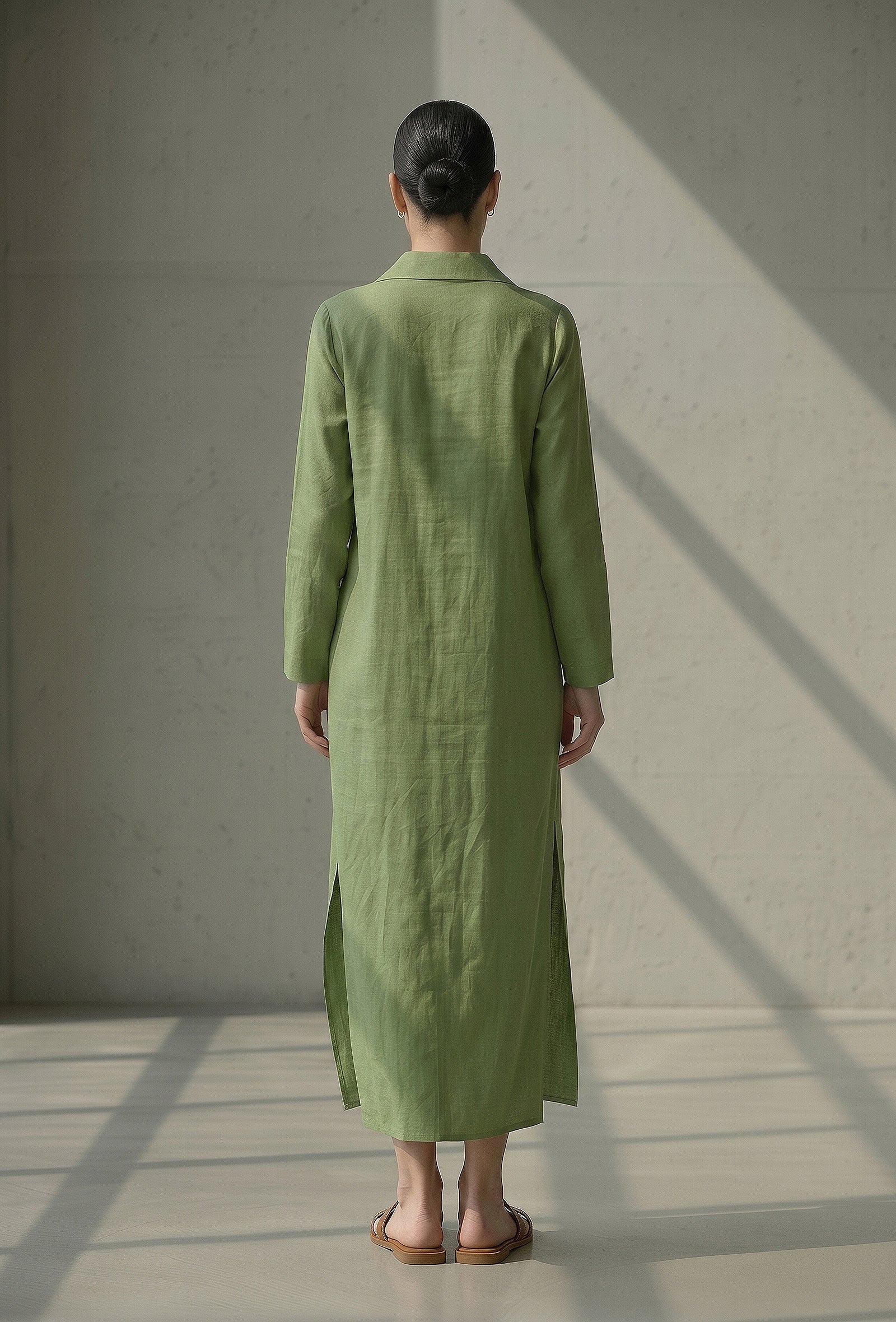 Olive Green Button-Down Cotton Long Dress