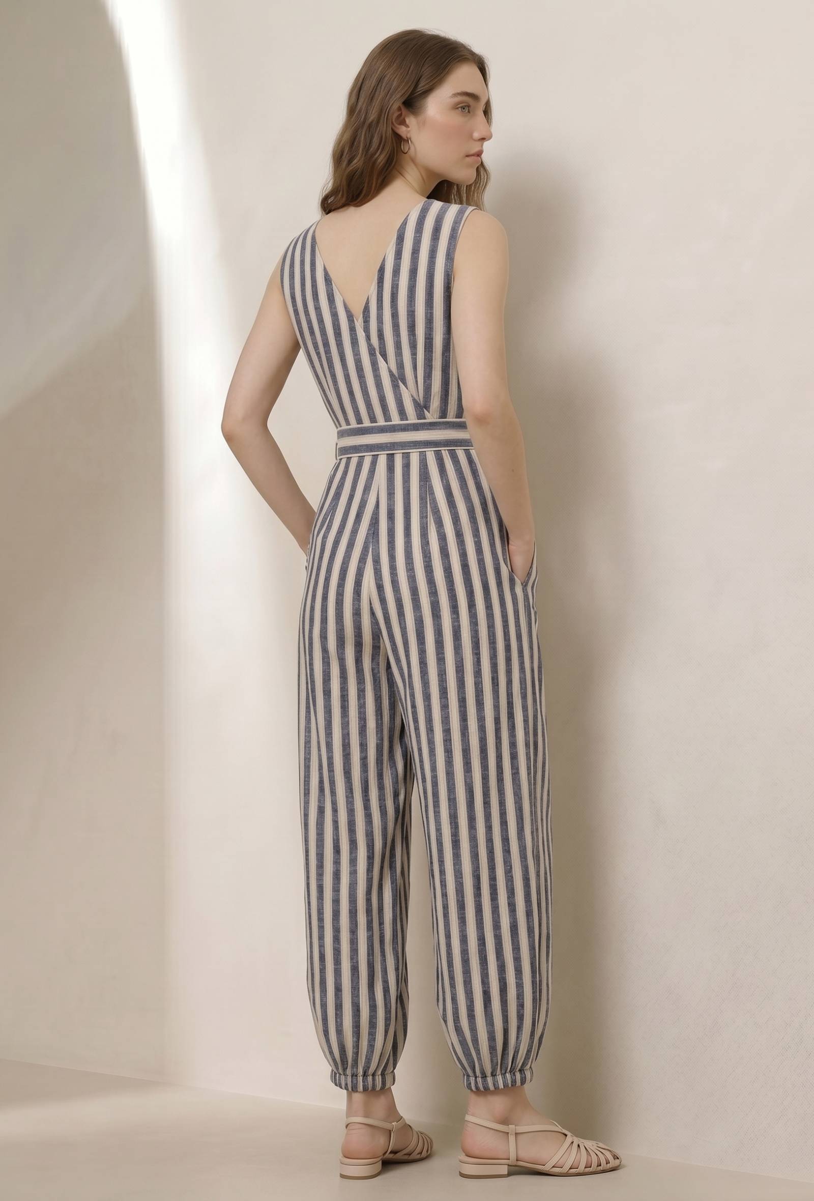 Navy Blue & White Stripe Harem Jumpsuit