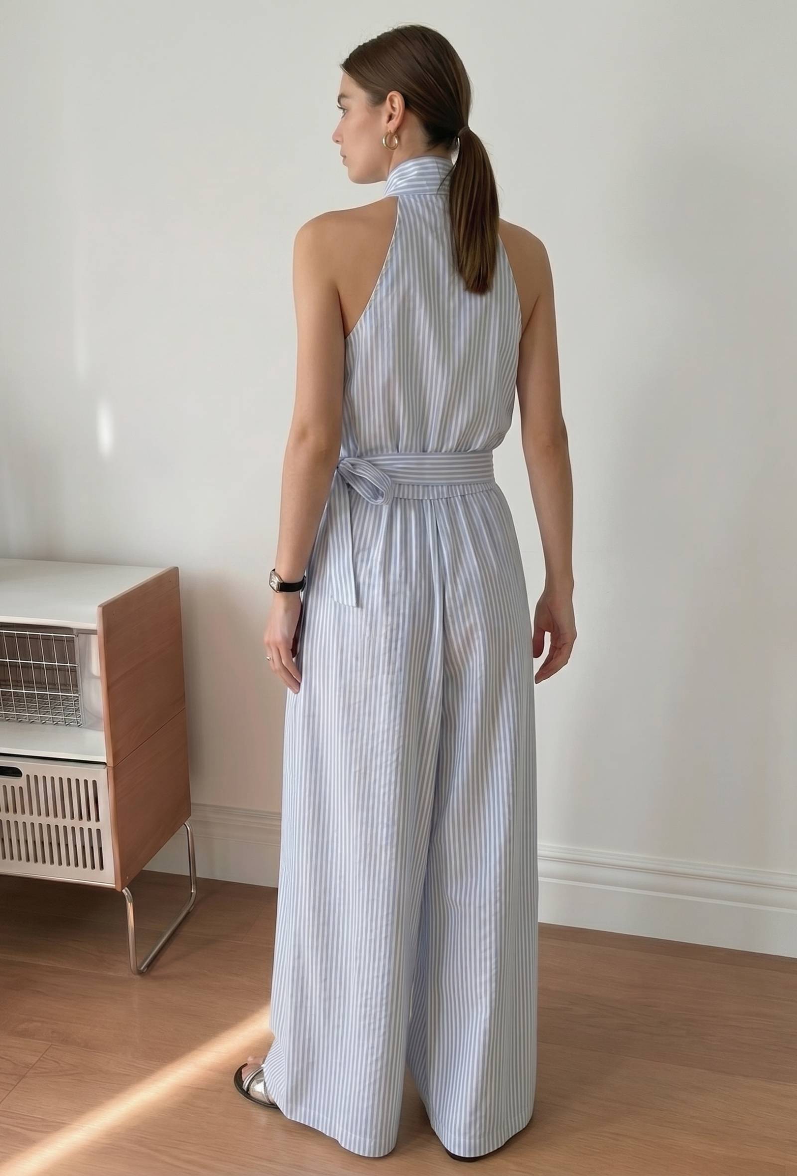 Blue & White Striped Halter Neck Wrap Jumpsuit with Waist Tie-Up