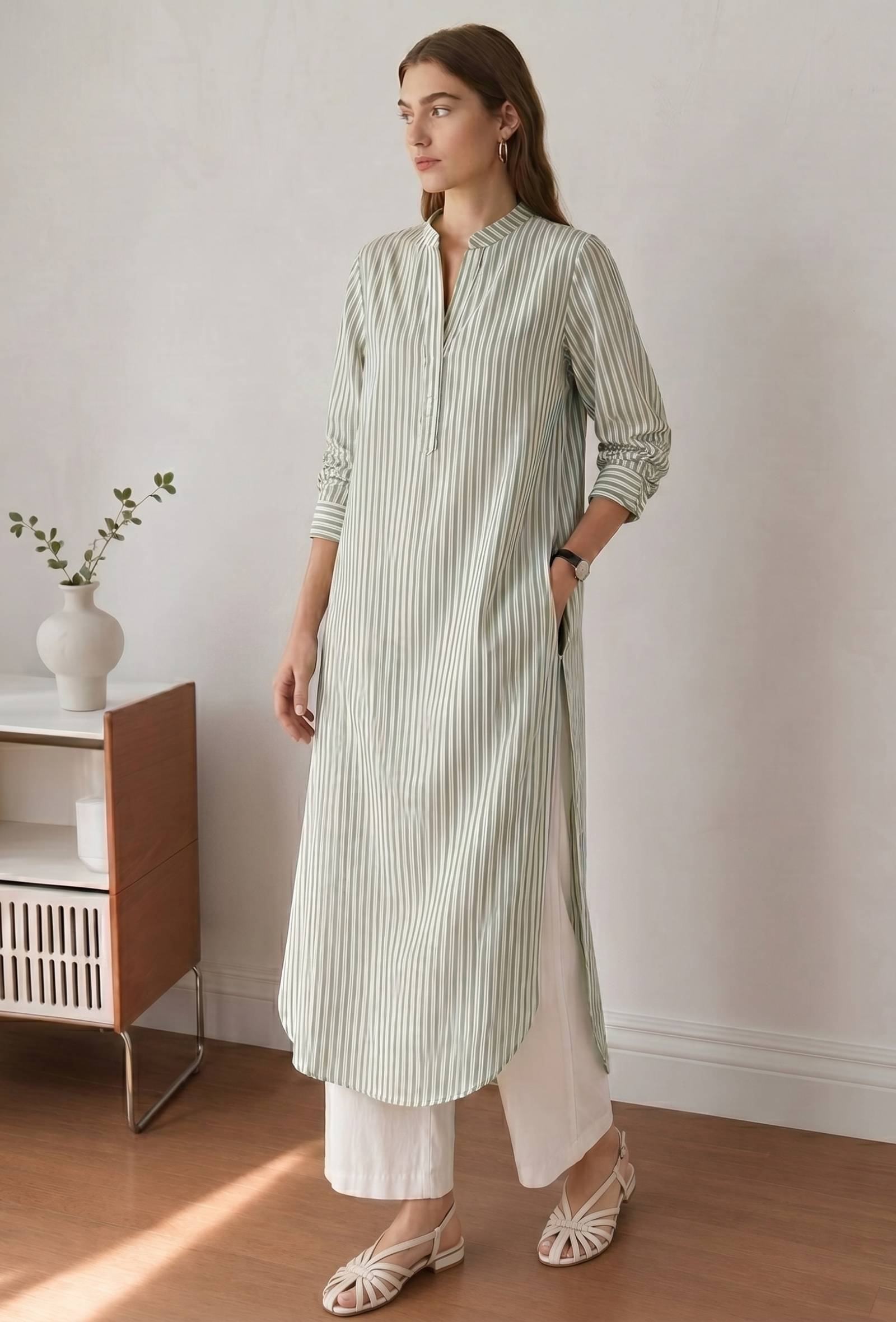 Sage Green Vertical Striped Straight Kurta