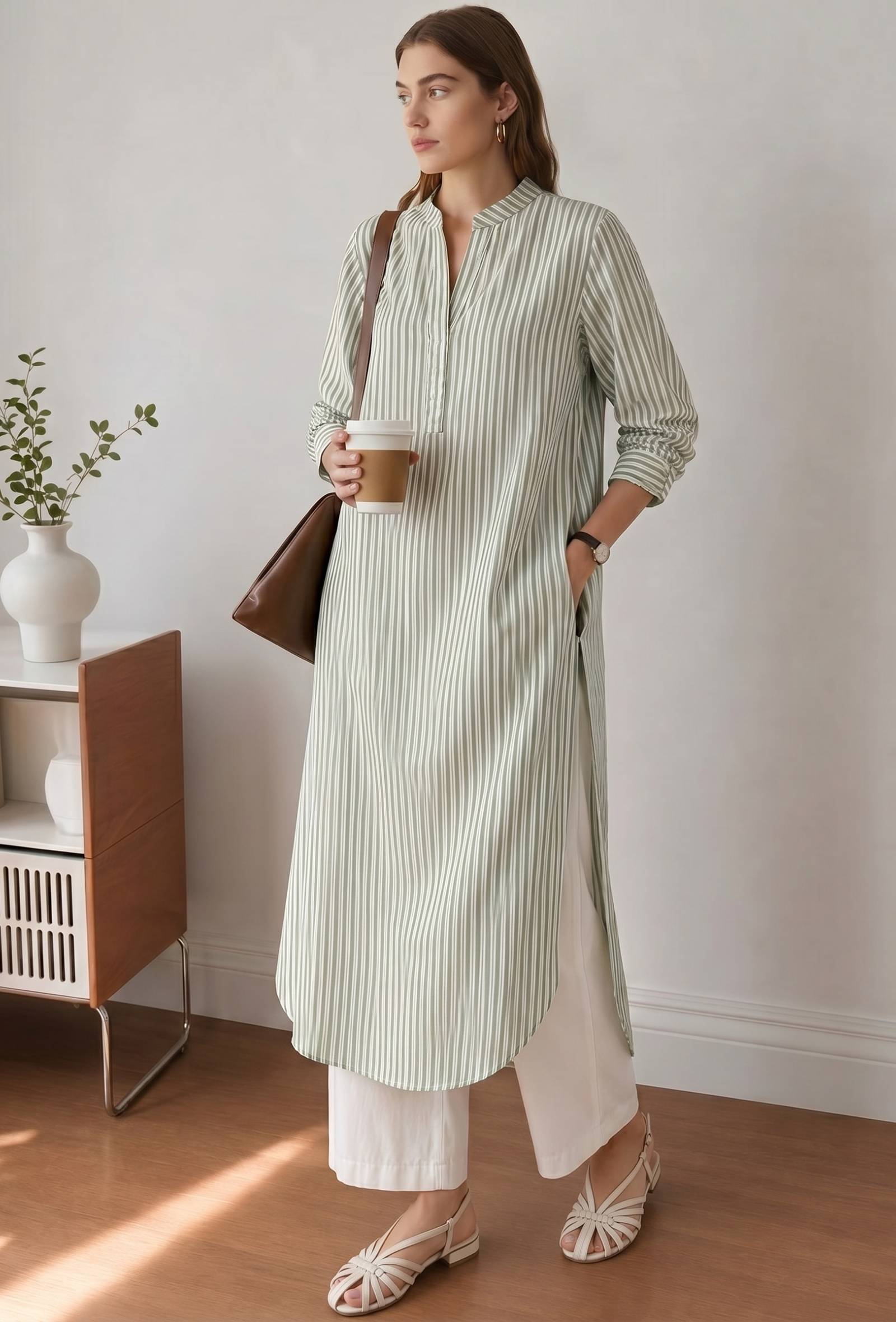 Sage Green Vertical Striped Straight Kurta