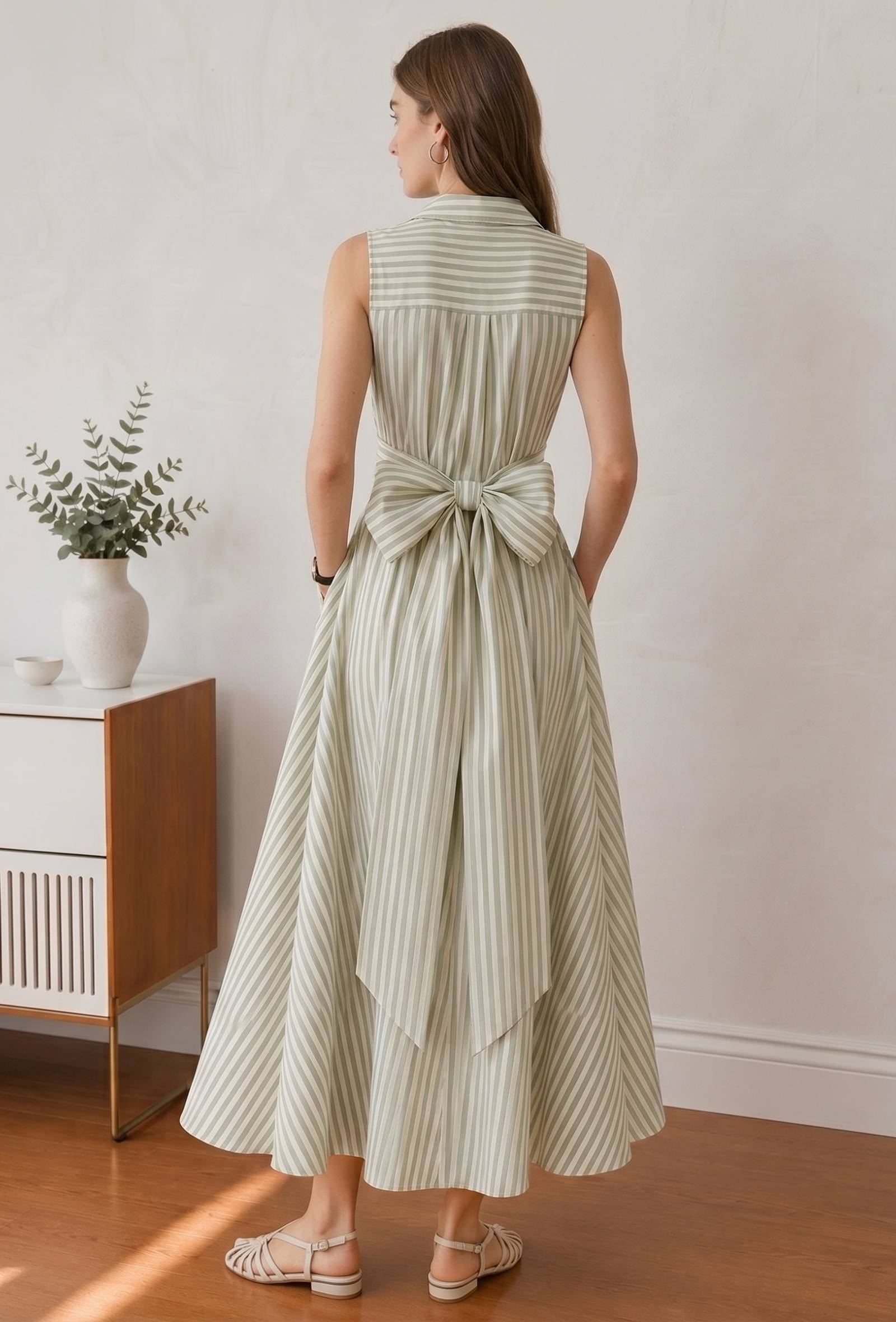 Sage Green Striped Sleeveless Wrap Maxi Dress with Waist Tie-Up