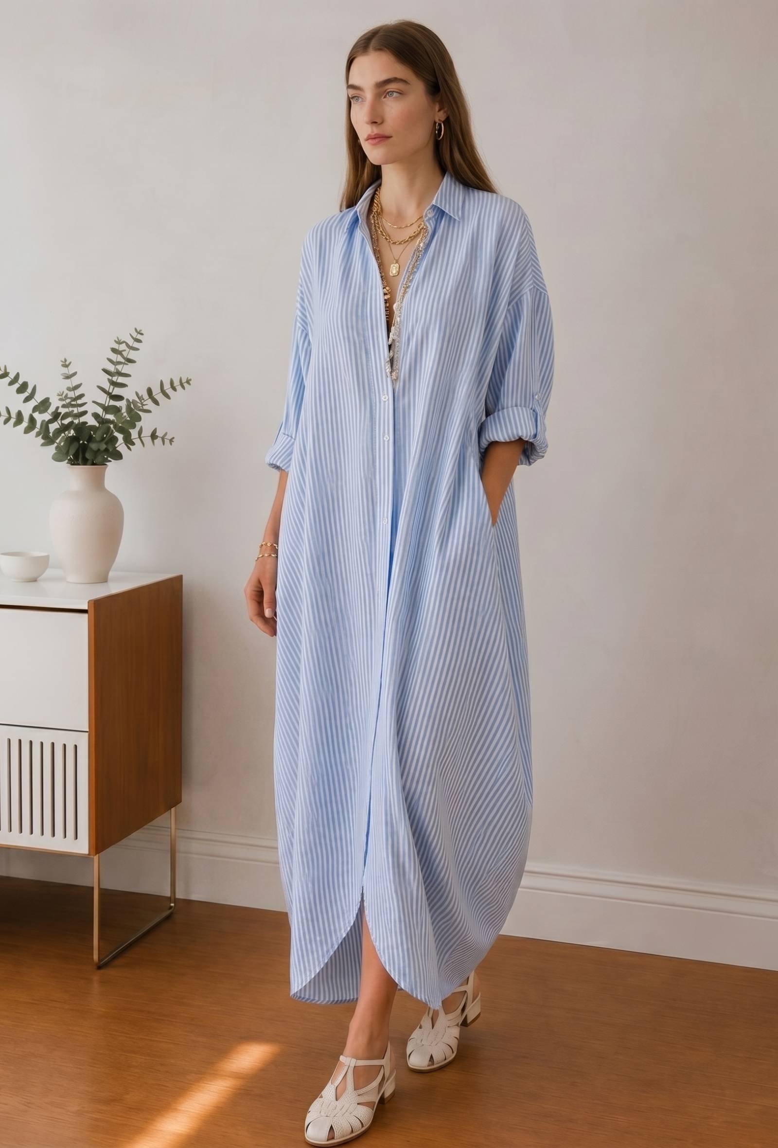 Blue & White Striped Oversized Shirt Maxi Dress