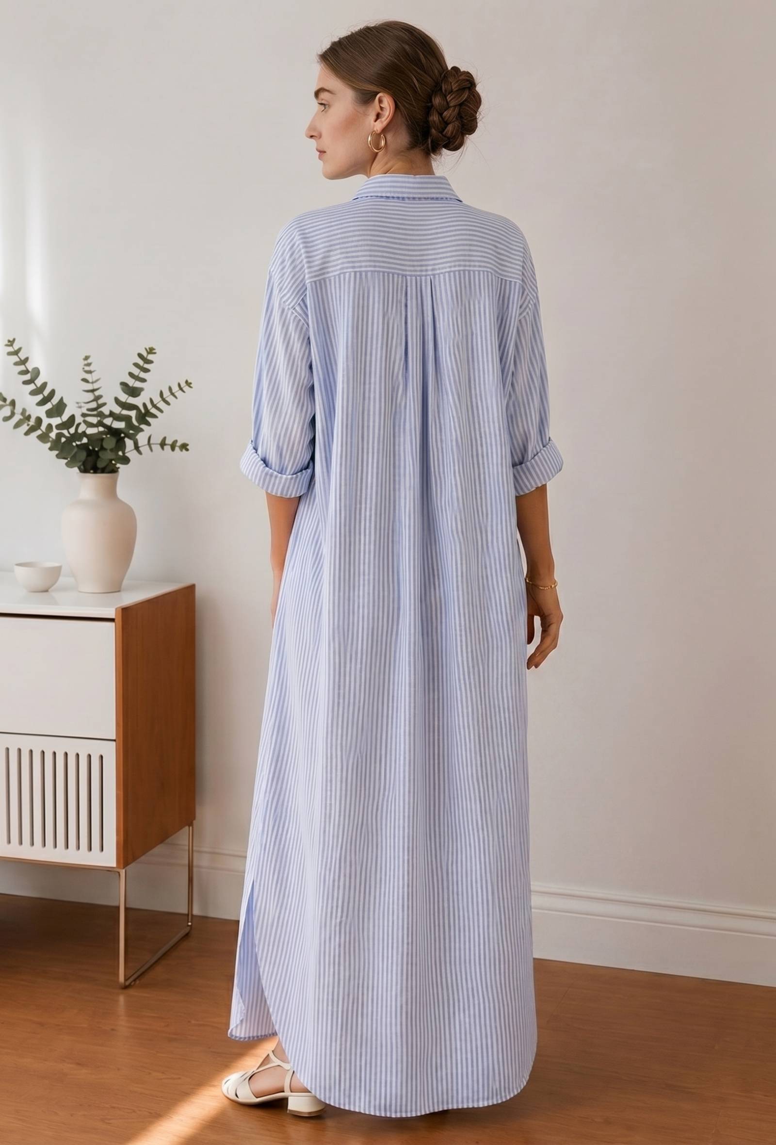 Blue & White Striped Oversized Shirt Maxi Dress