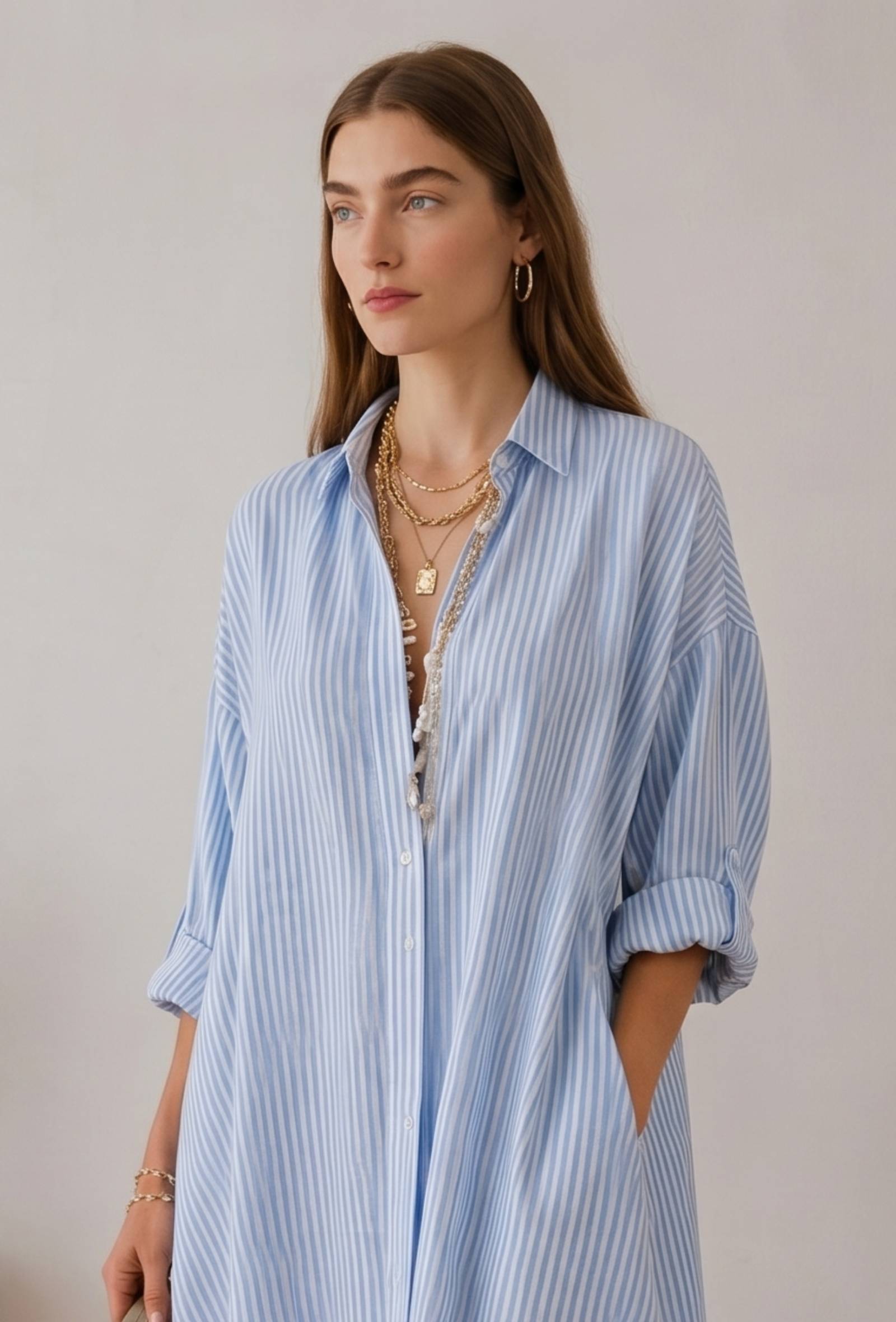 Blue & White Striped Oversized Shirt Maxi Dress