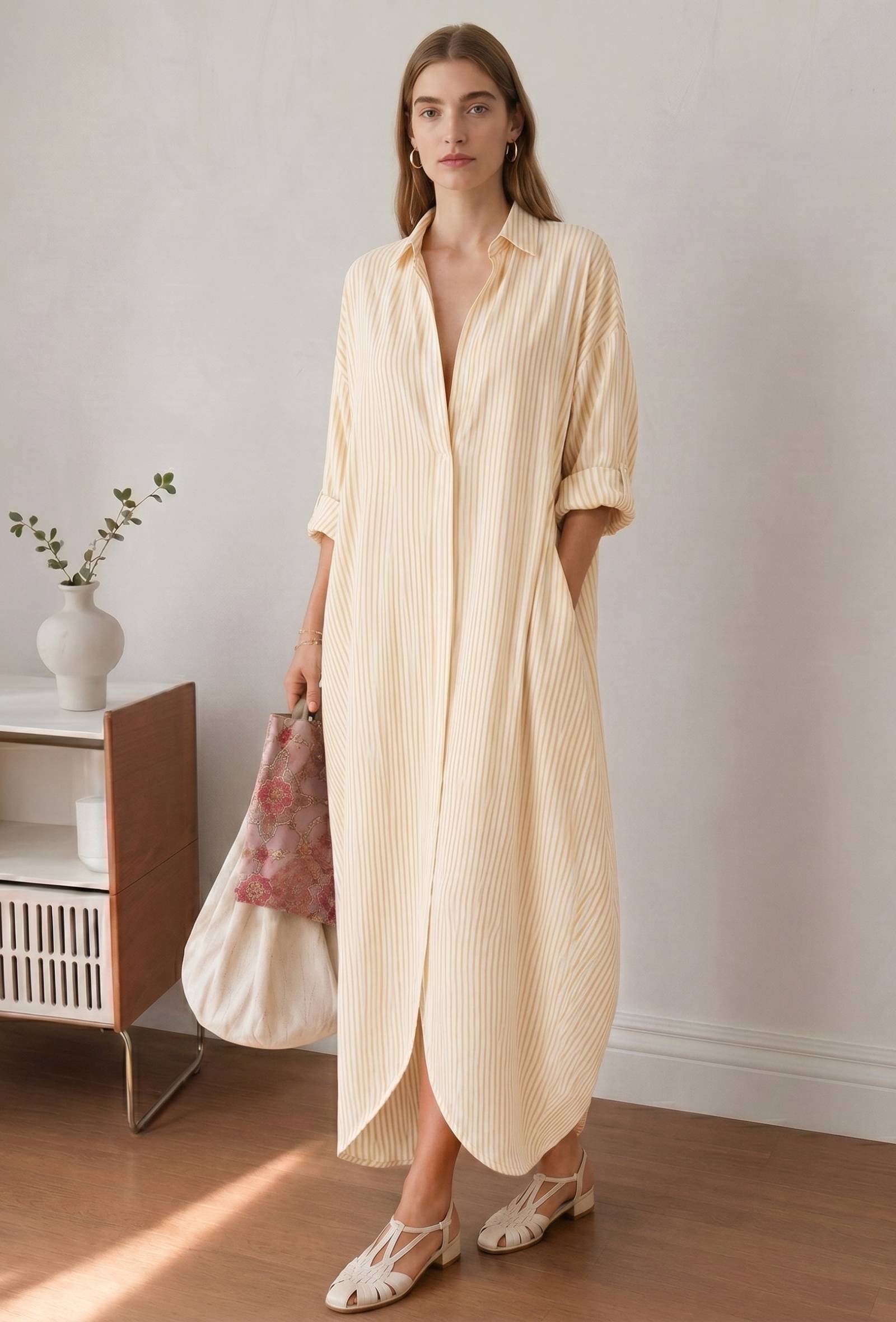 Lemon Yellow Striped Relaxed Fit Shirt Collar Maxi Dress