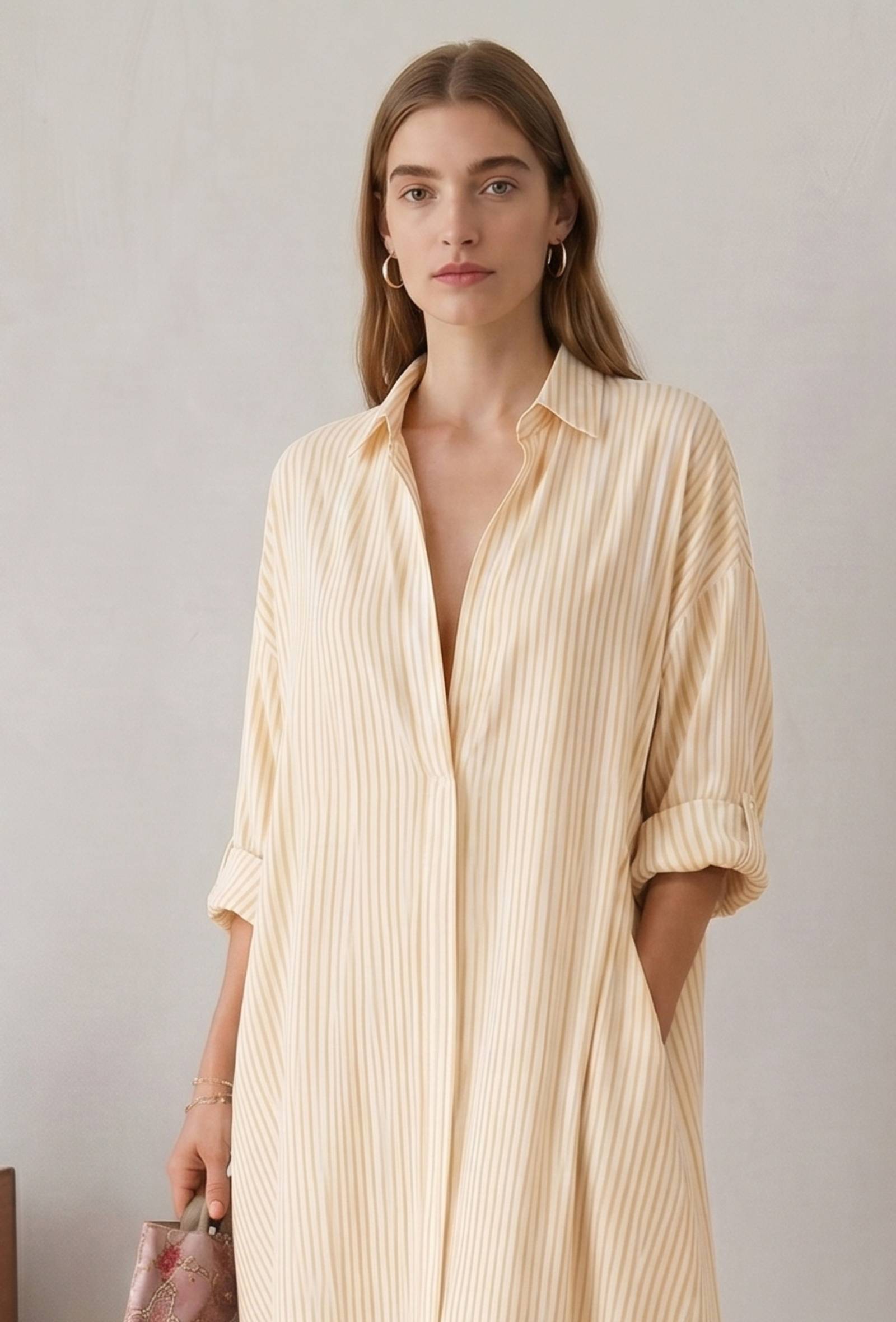 Lemon Yellow Striped Relaxed Fit Shirt Collar Maxi Dress