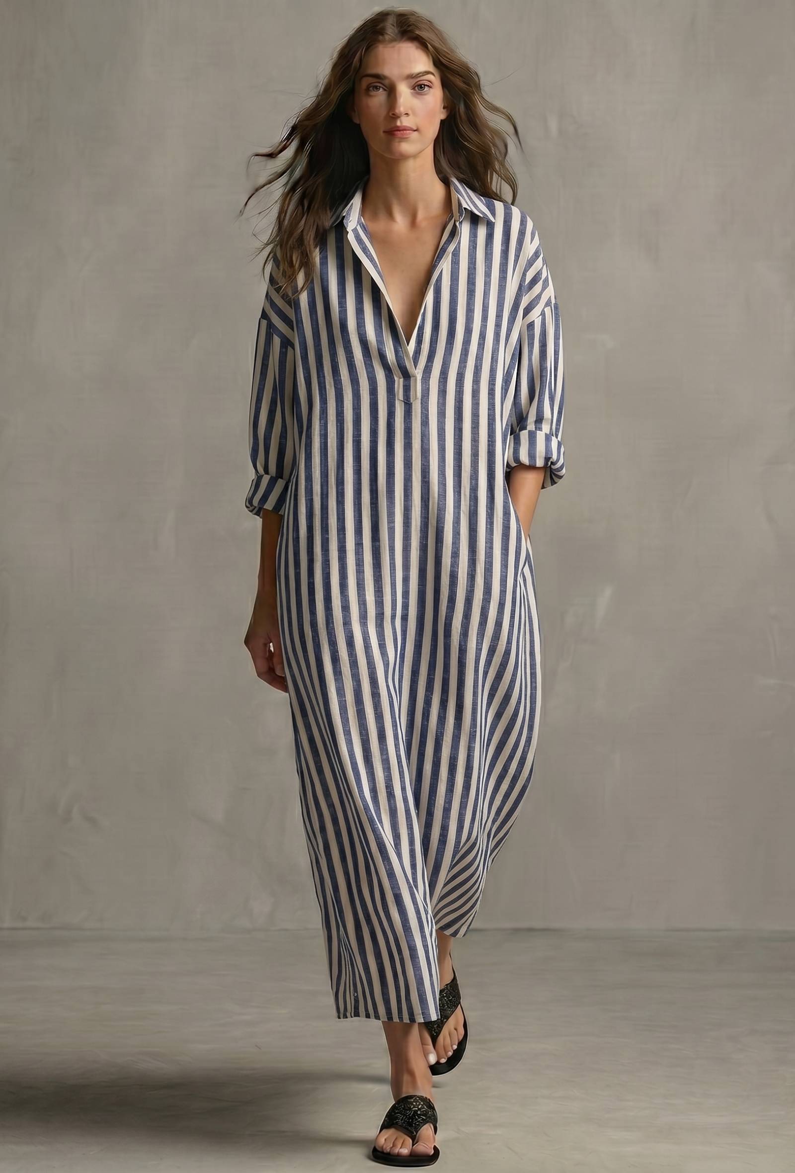 White & Blue Striped Cotton Shirt Dress