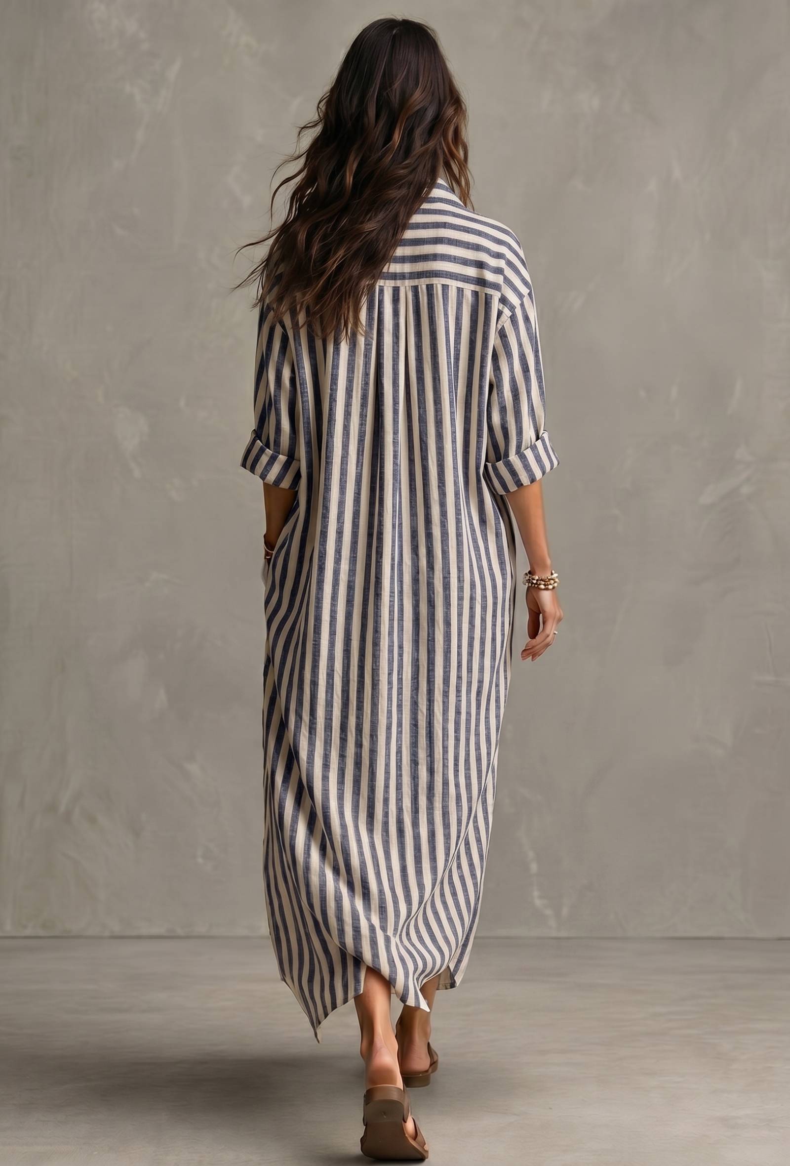 White & Blue Striped Cotton Shirt Dress